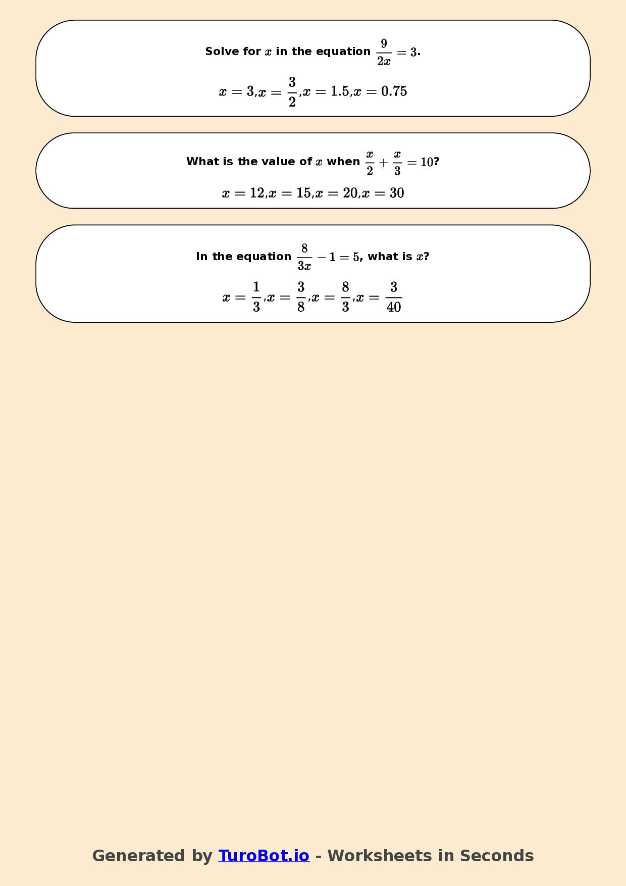 Year 7 Math Worksheet – Equations with Fractions