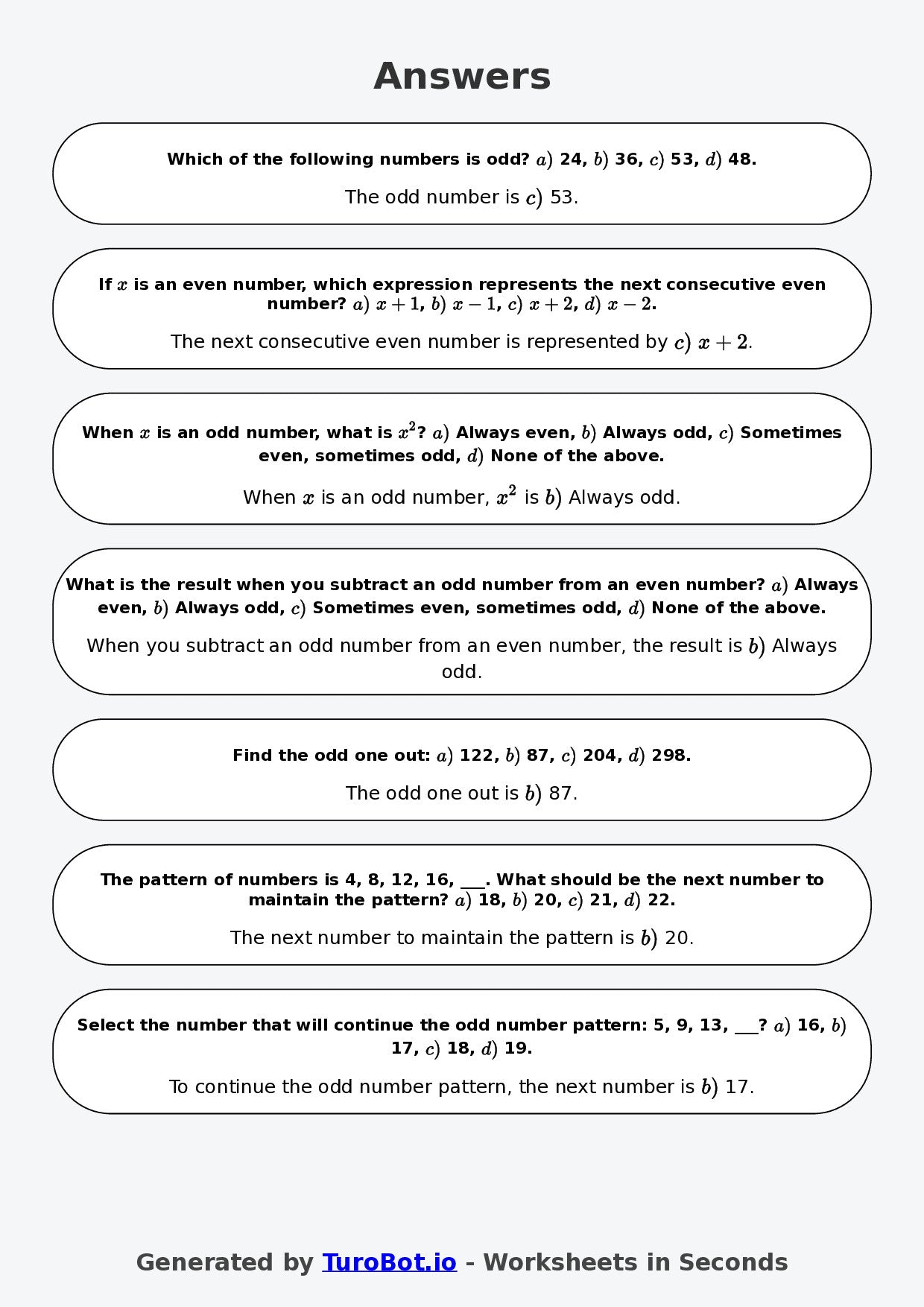 Year 7 Math Worksheet – Even and Odd Number Patterns