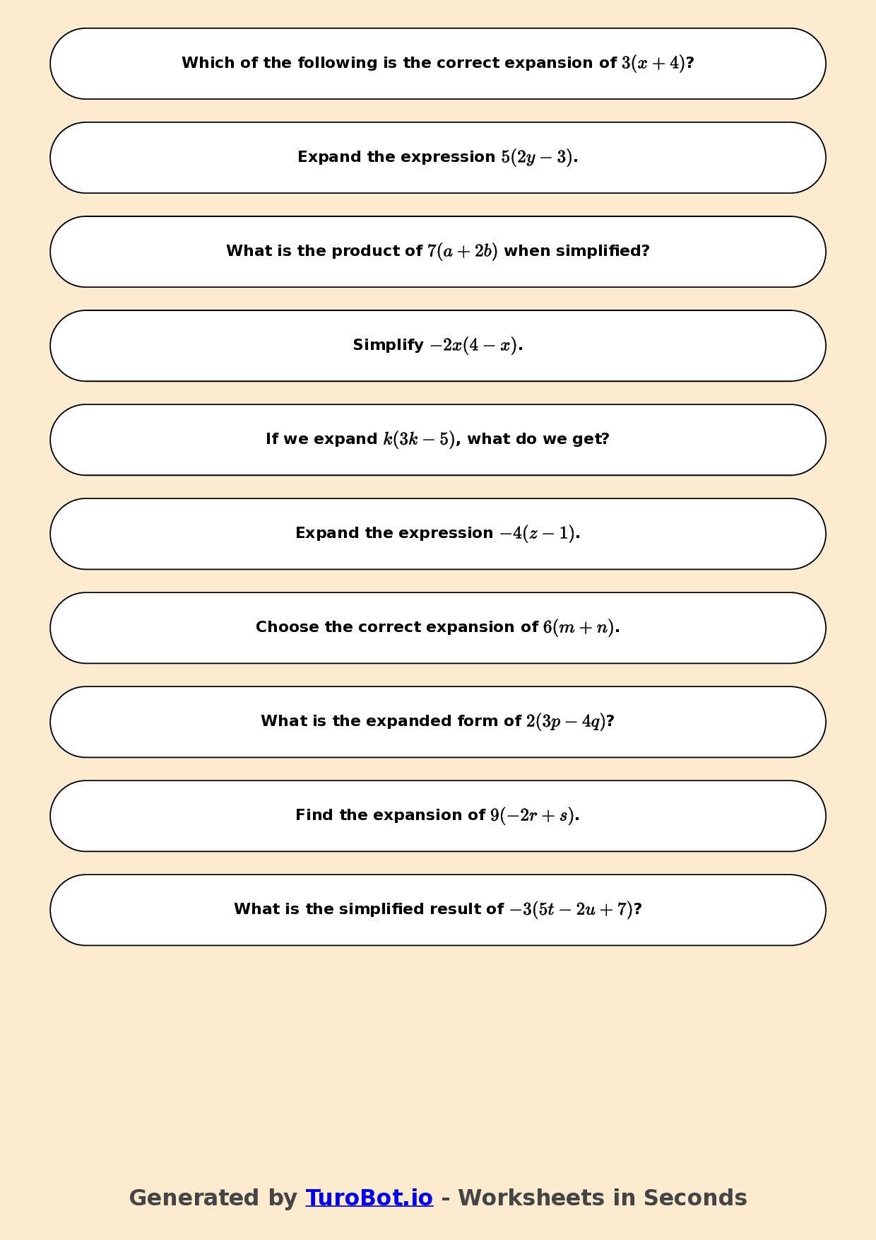 Year 7 Math Worksheet – Expand Single Brackets