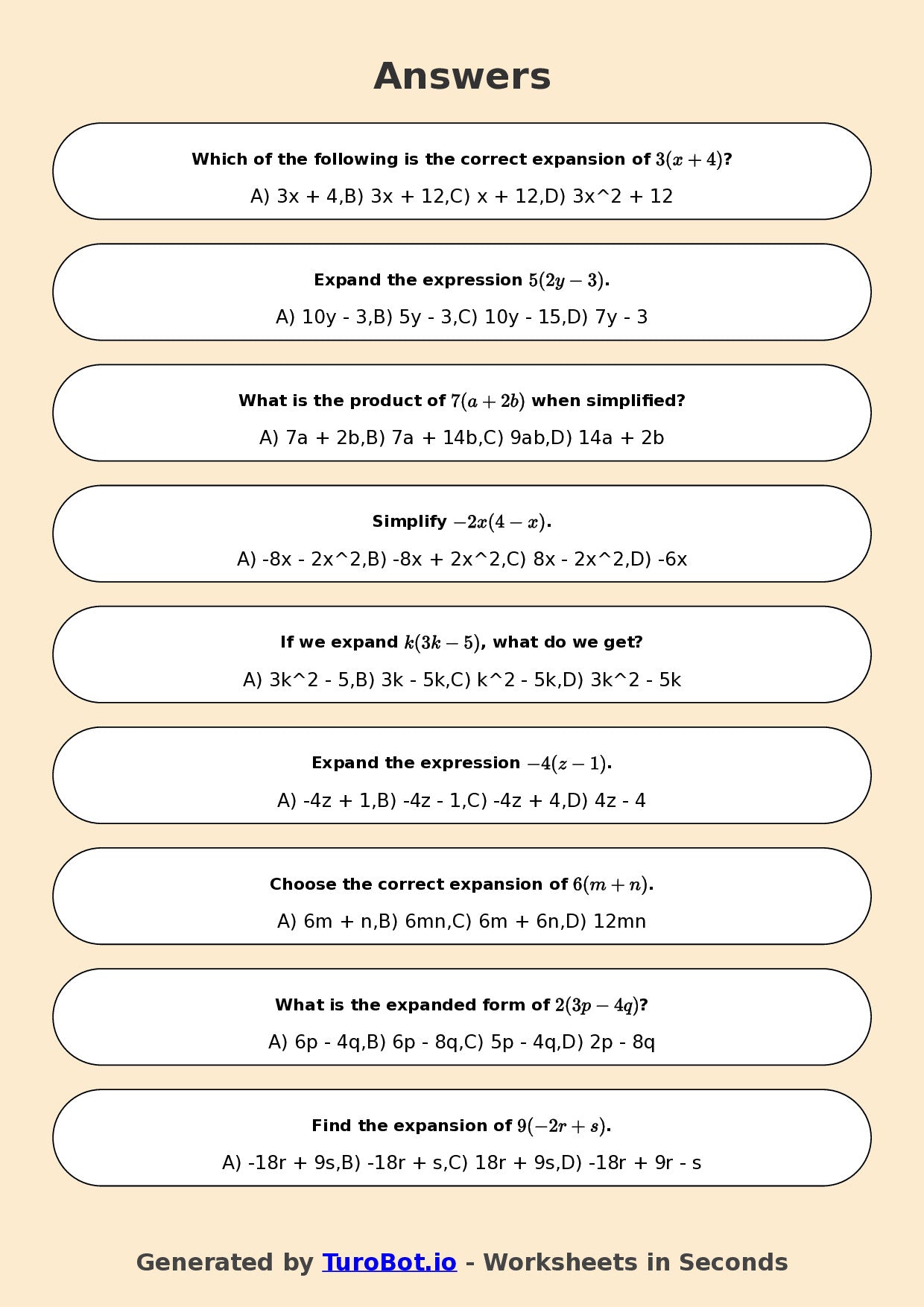 Year 7 Math Worksheet – Expand Single Brackets