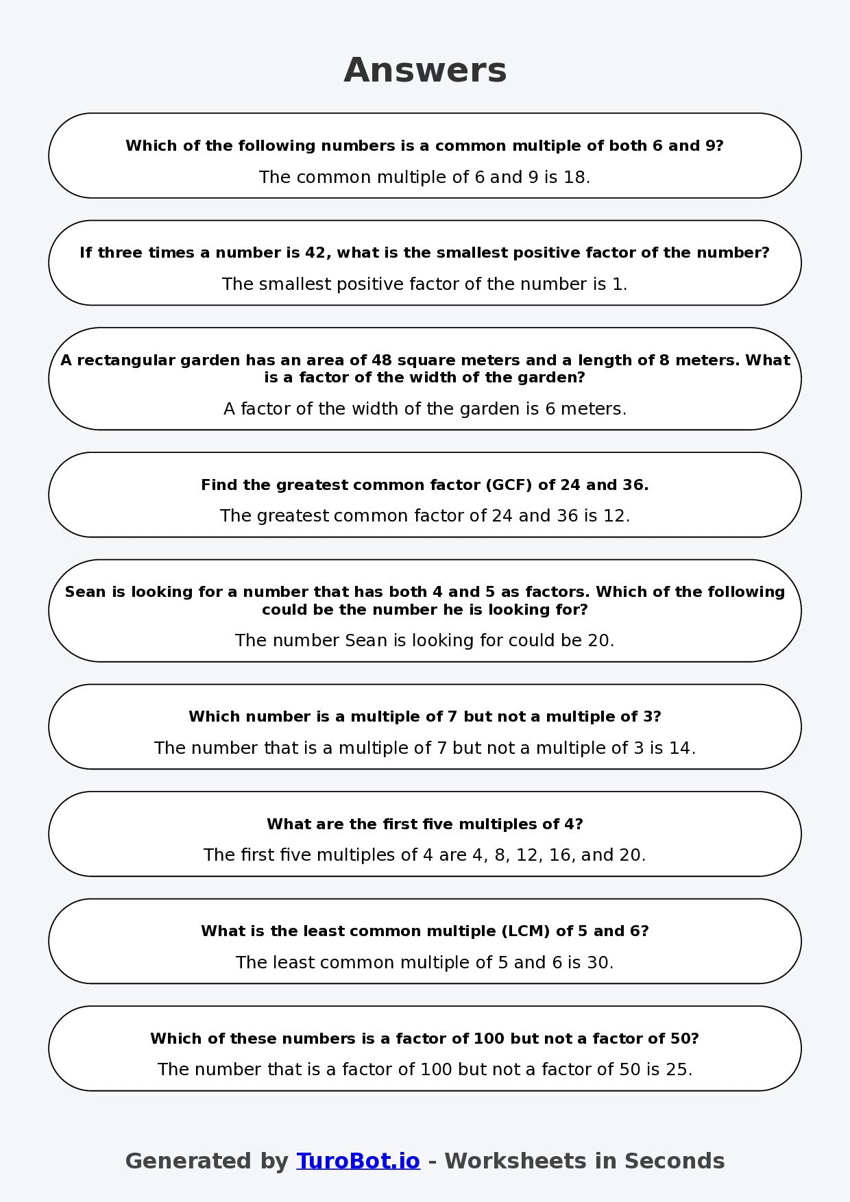 Year 7 Math Multiple Choice Worksheet – Factors and Multiples 2