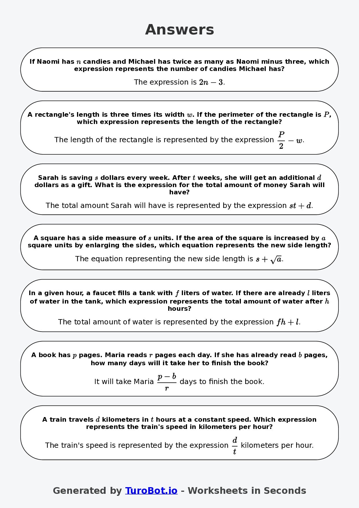 Year 7 Math Worksheet – Forming Expressions from Words 2