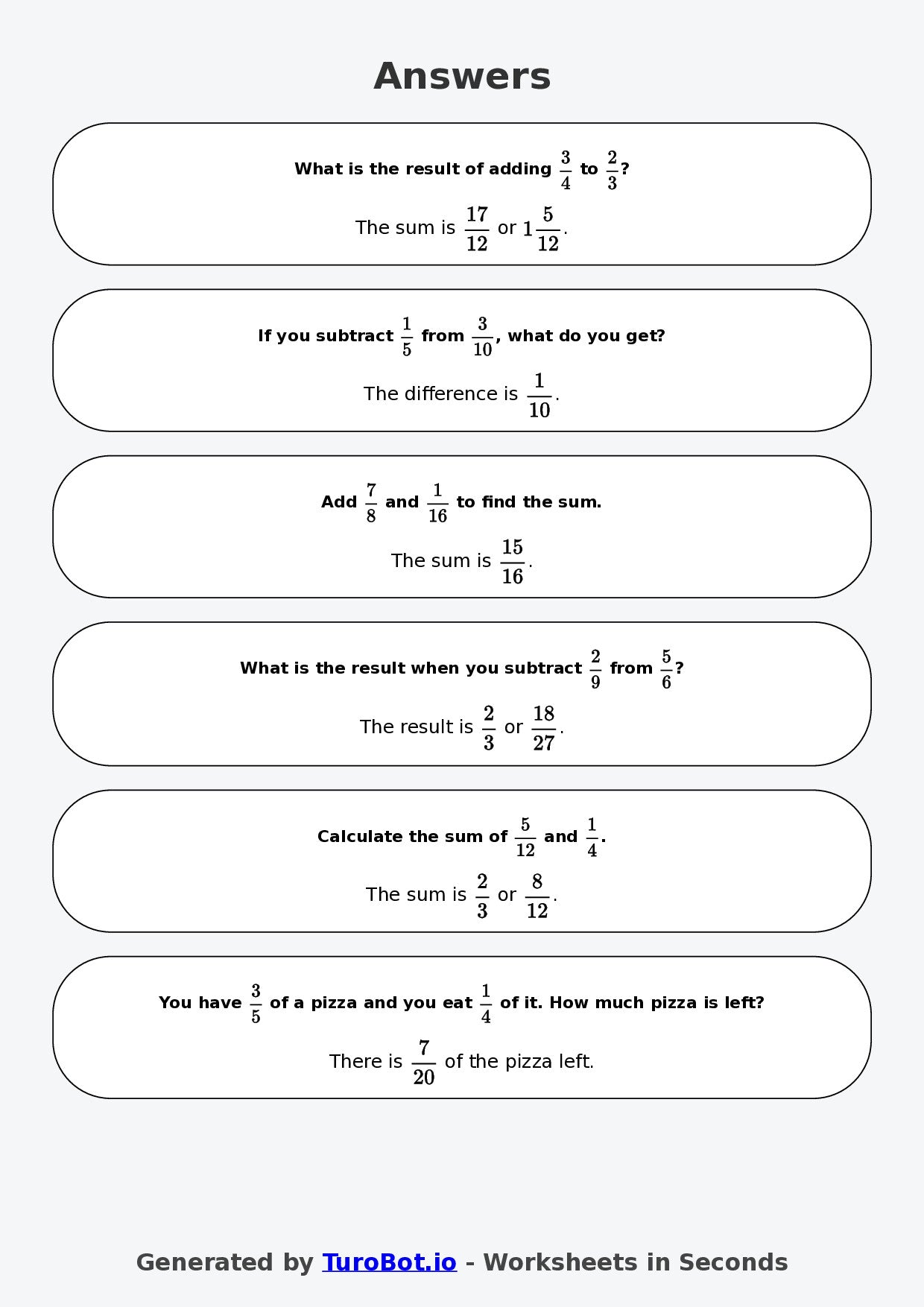 Year 7 Math Worksheet – Fraction Operations - Add and Subtract 2