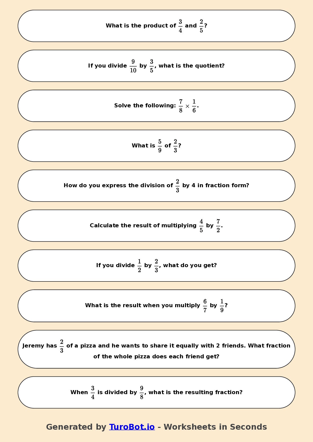 Year 7 Math Worksheet – Fraction Operations - Multiply and Divide