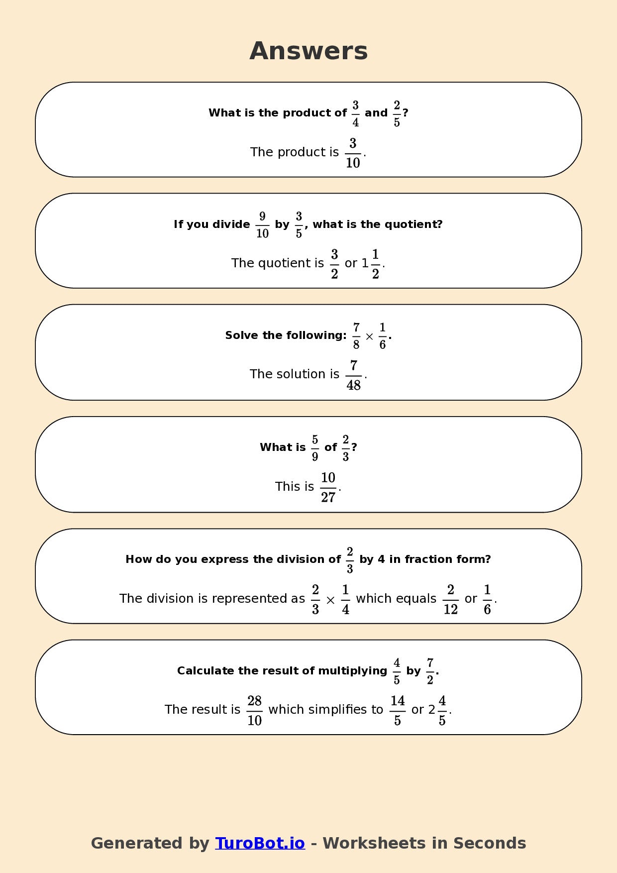Year 7 Math Worksheet – Fraction Operations - Multiply and Divide