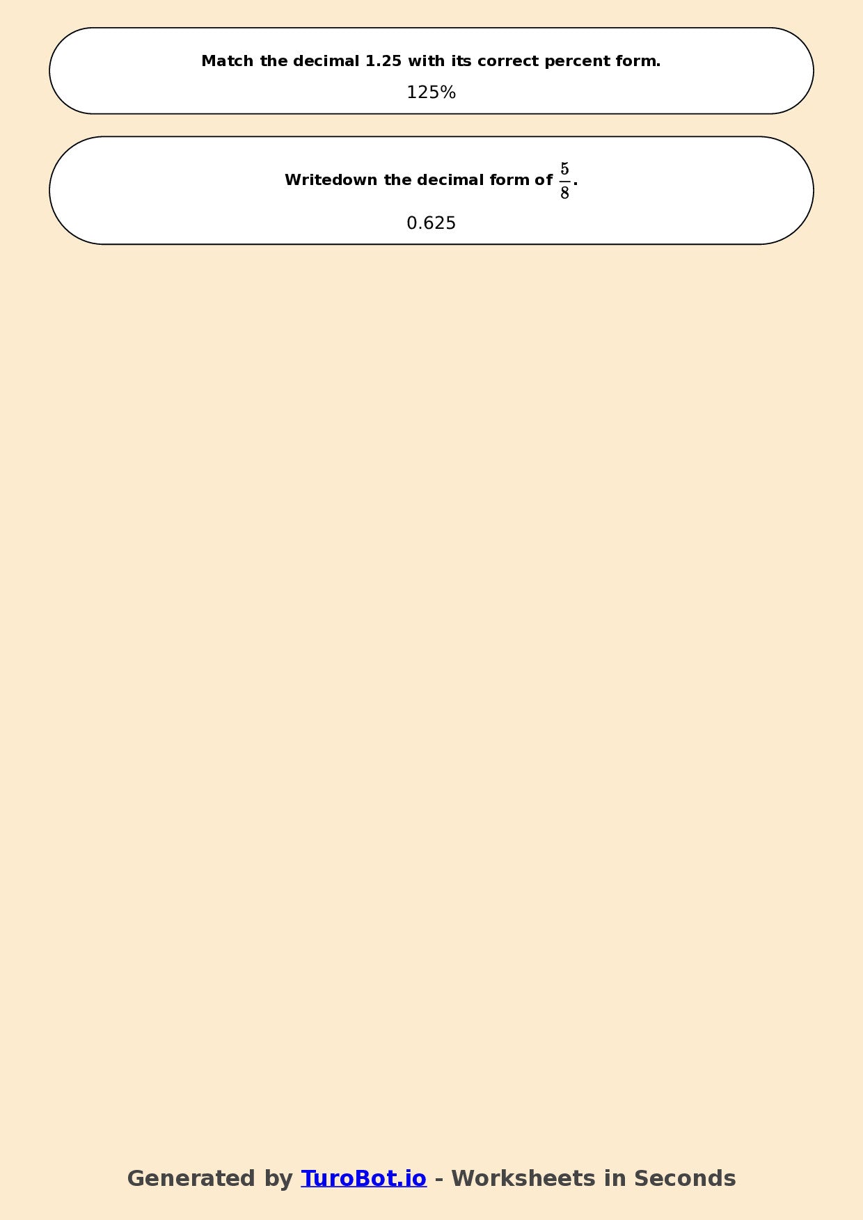 Year 7 Math Worksheet – Fraction, Decimal and Percent Matching