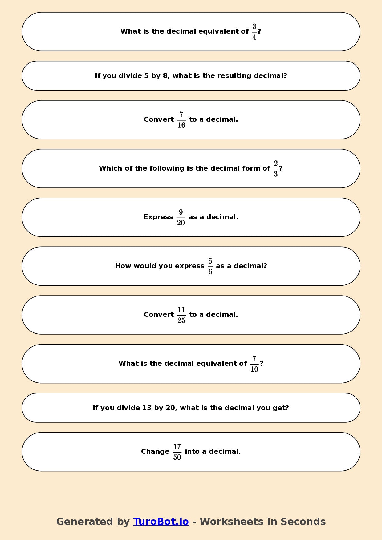Year 7 Math Worksheet – Fractions to Decimals Basics 2