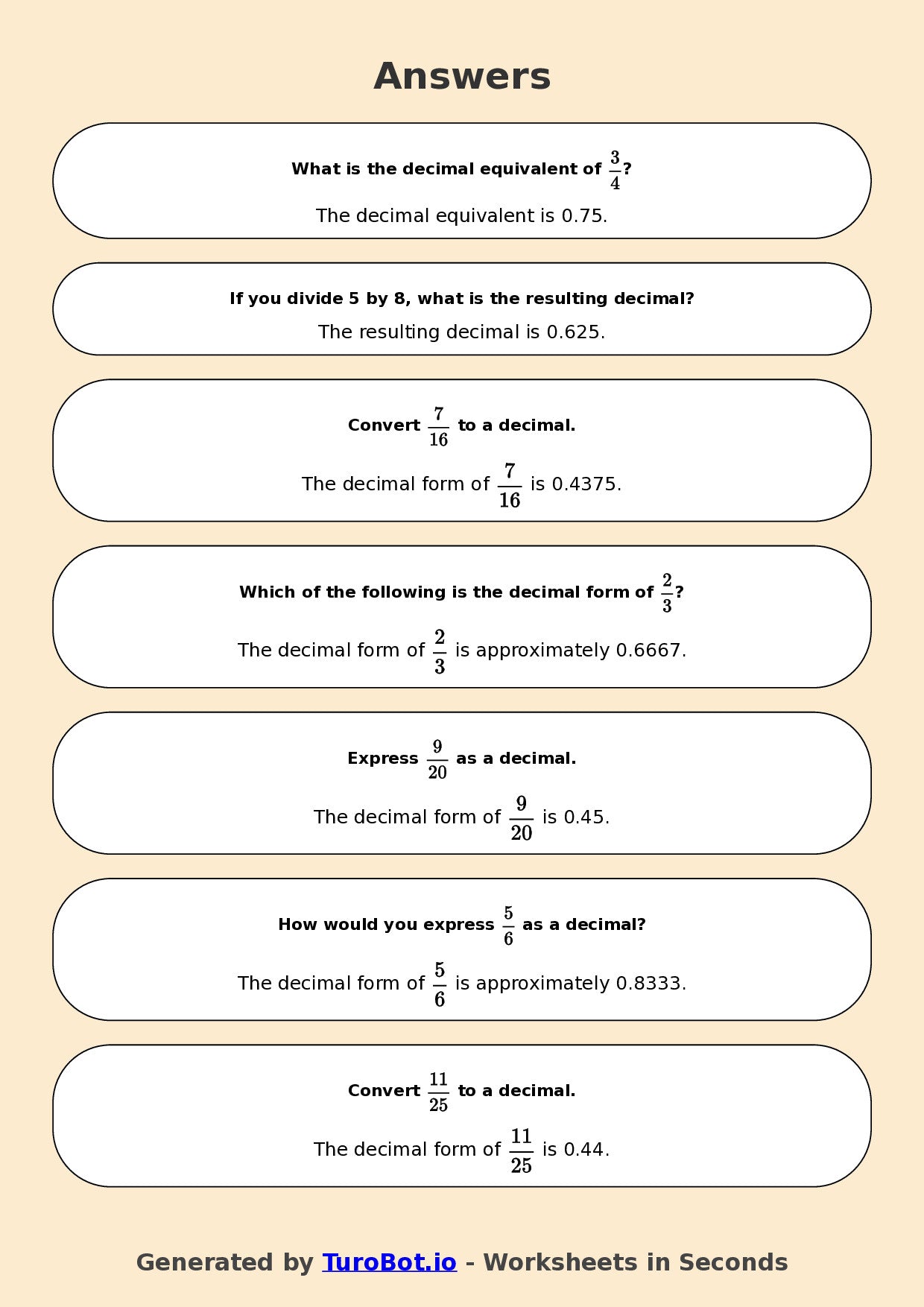Year 7 Math Worksheet – Fractions to Decimals Basics 2
