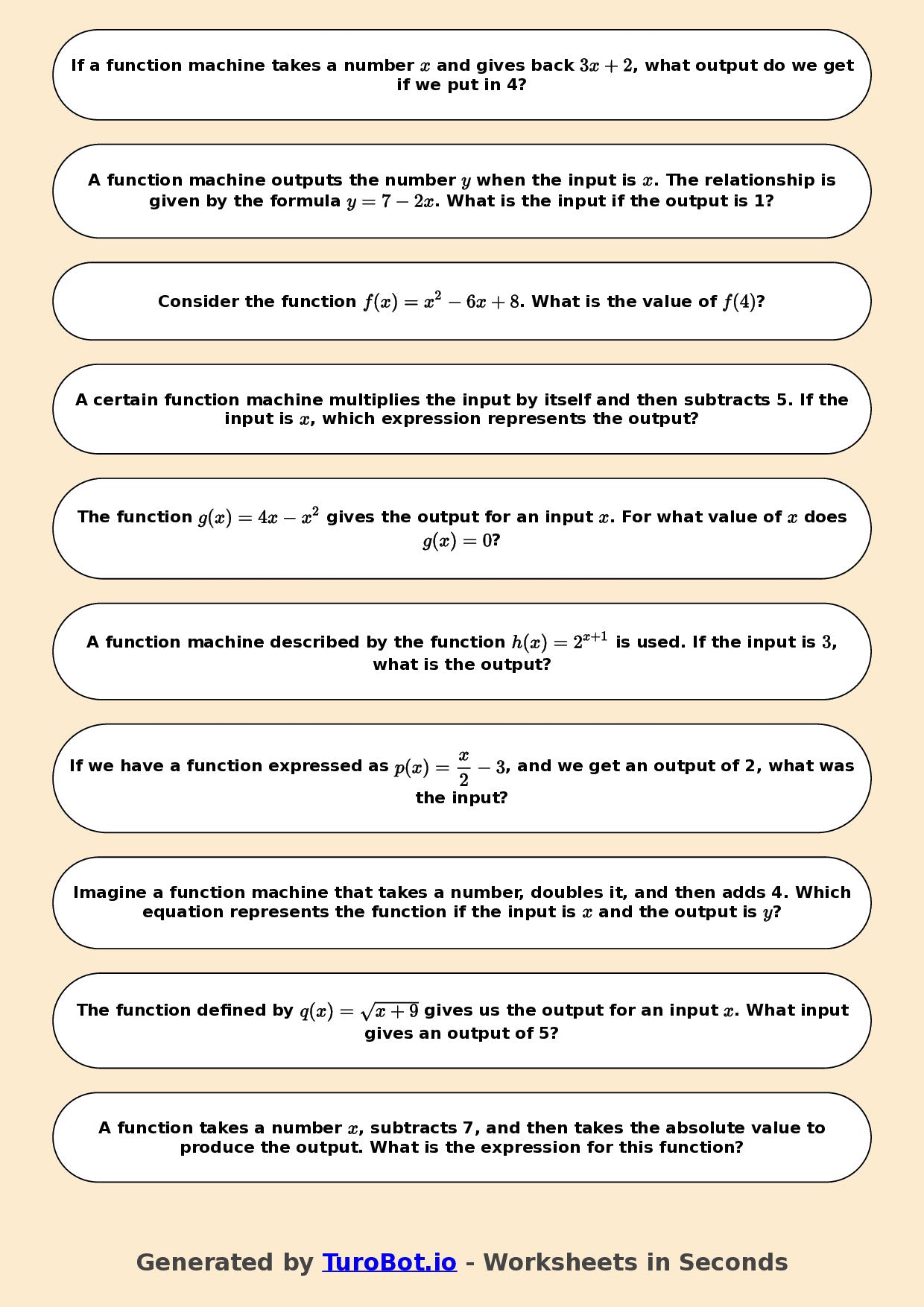 Year 7 Math Worksheet – Function Machines