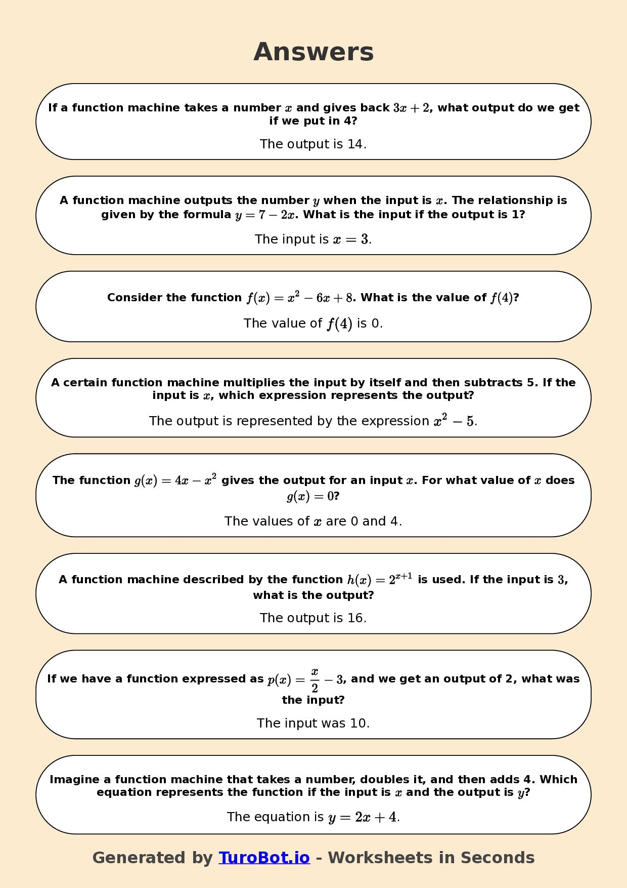 Year 7 Math Worksheet – Function Machines