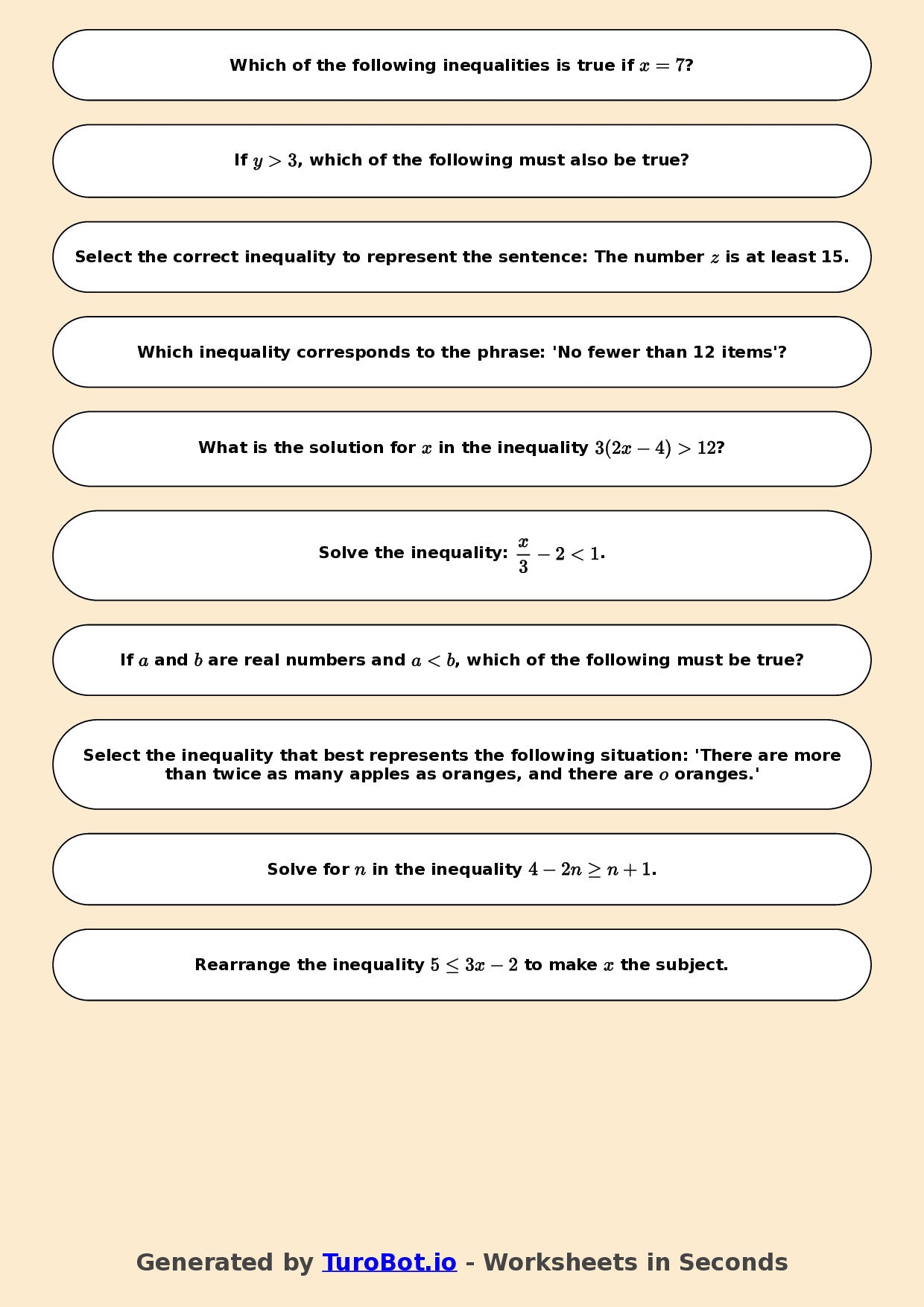 Year 7 Math Worksheet – Inequalities Basics 2
