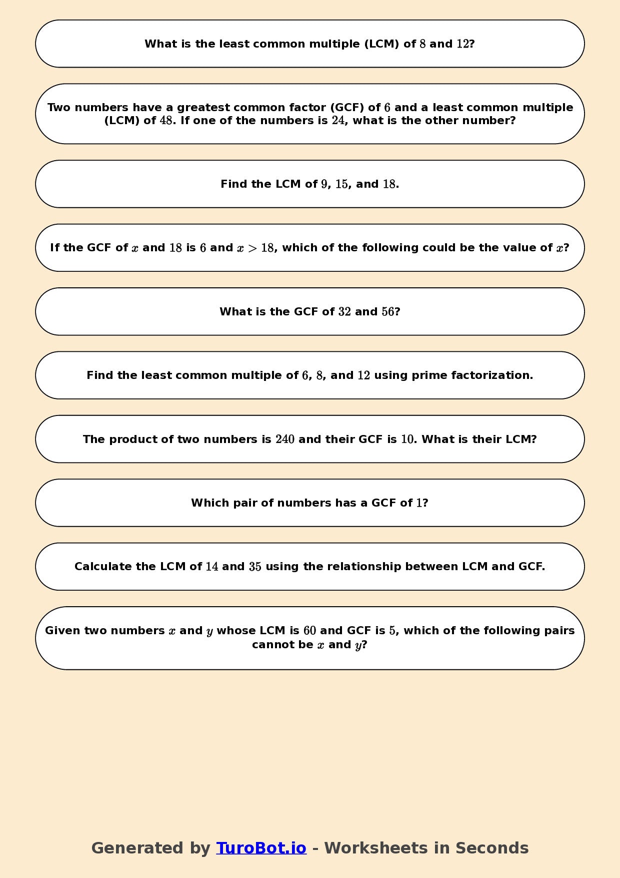 Year 7 Math Worksheet – LCM and HCF