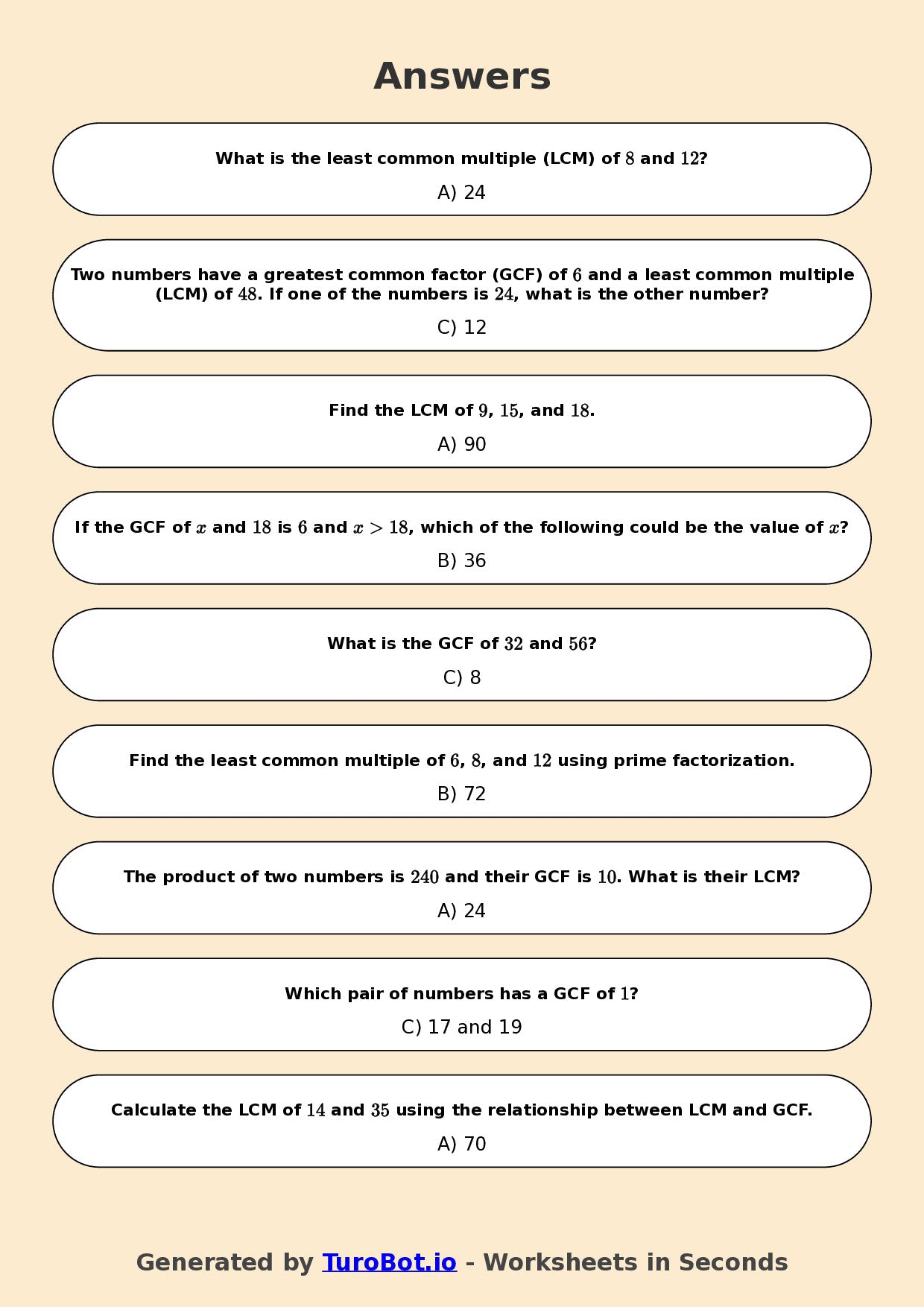 Year 7 Math Worksheet – LCM and HCF