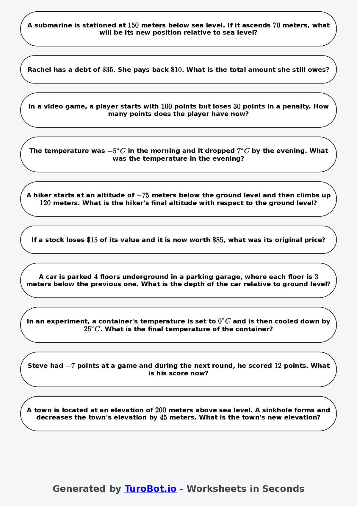 Year 7 Math Worksheet – Negative Number Word Problems – TuroBot