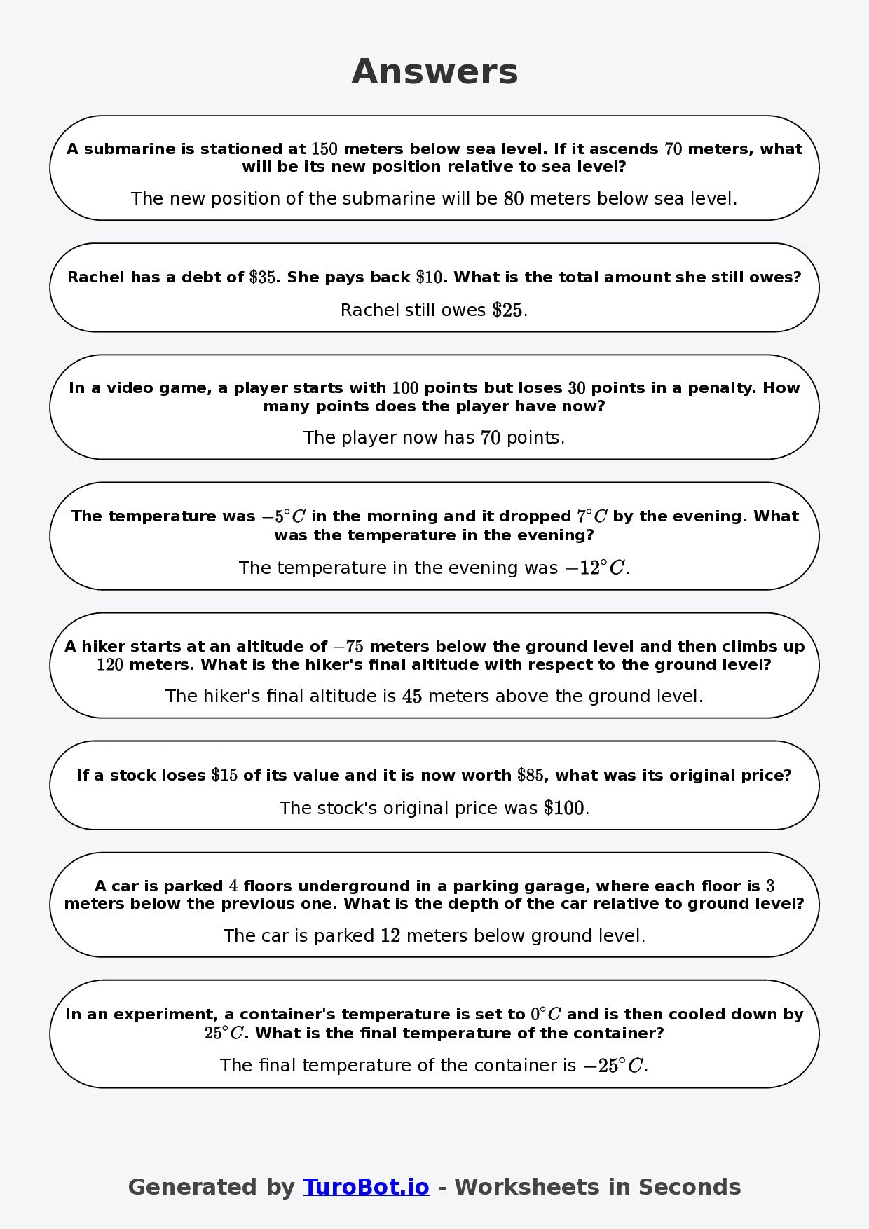 Year 7 Math Worksheet – Negative Number Word Problems