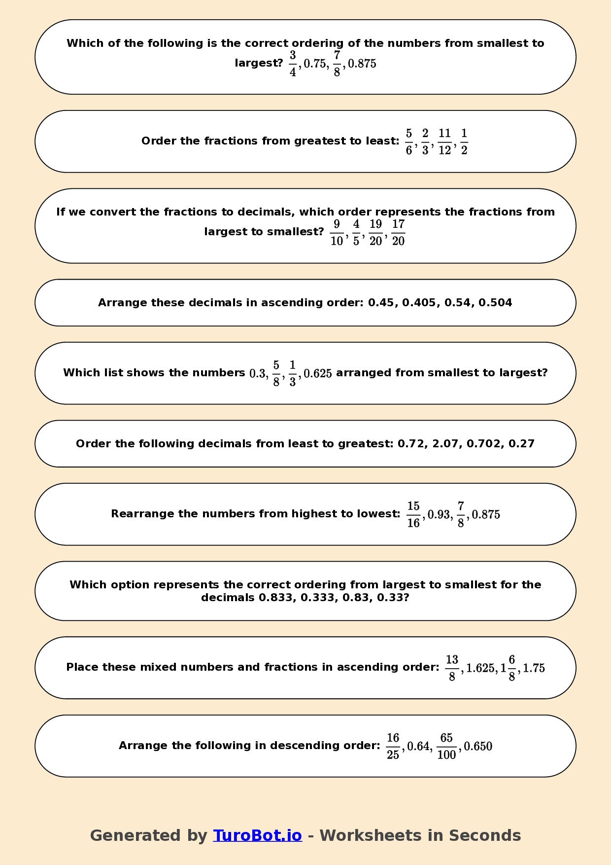 Year 7 Math Worksheet – Ordering Fractions and Decimals 2