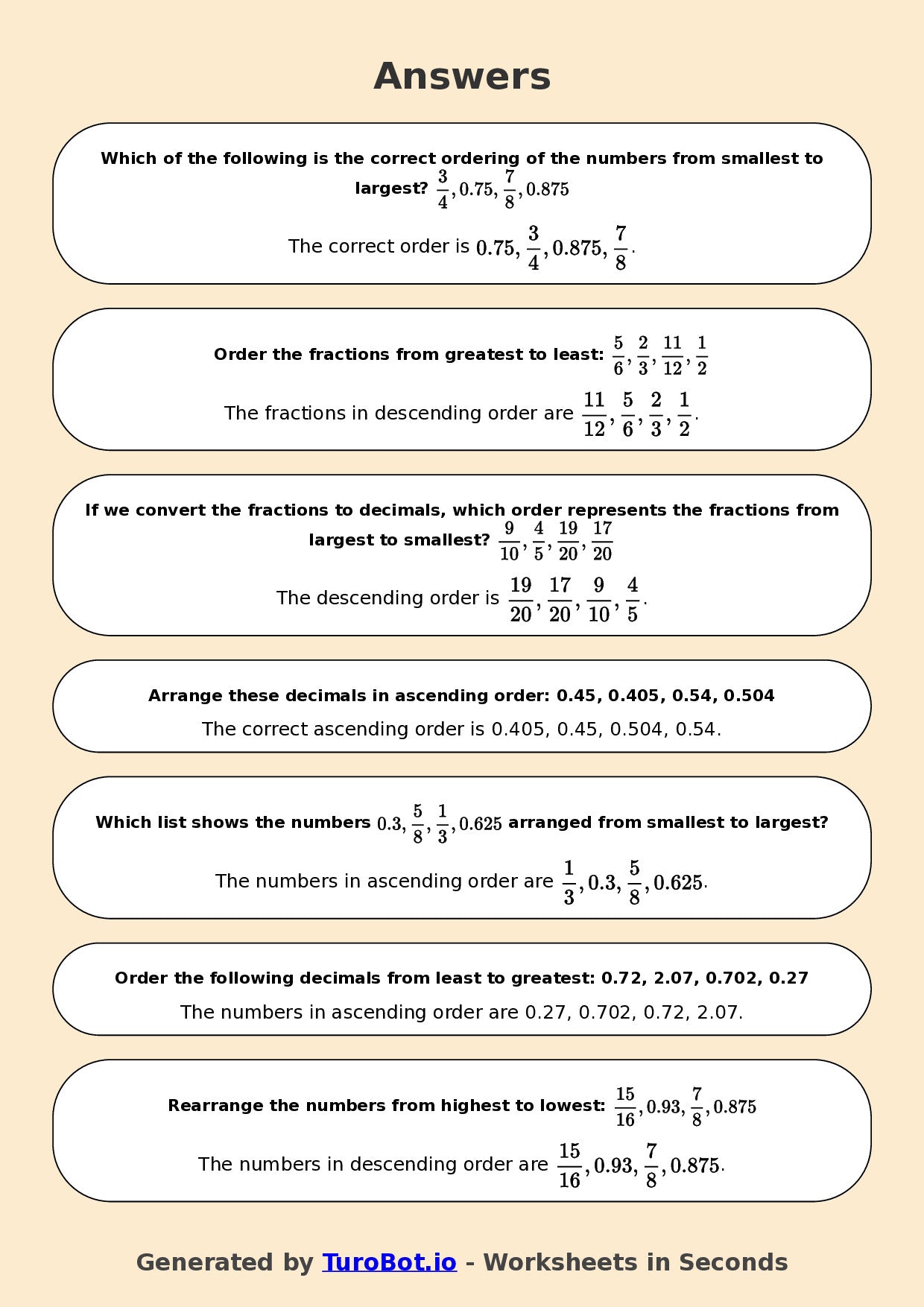 Year 7 Math Worksheet – Ordering Fractions and Decimals 2