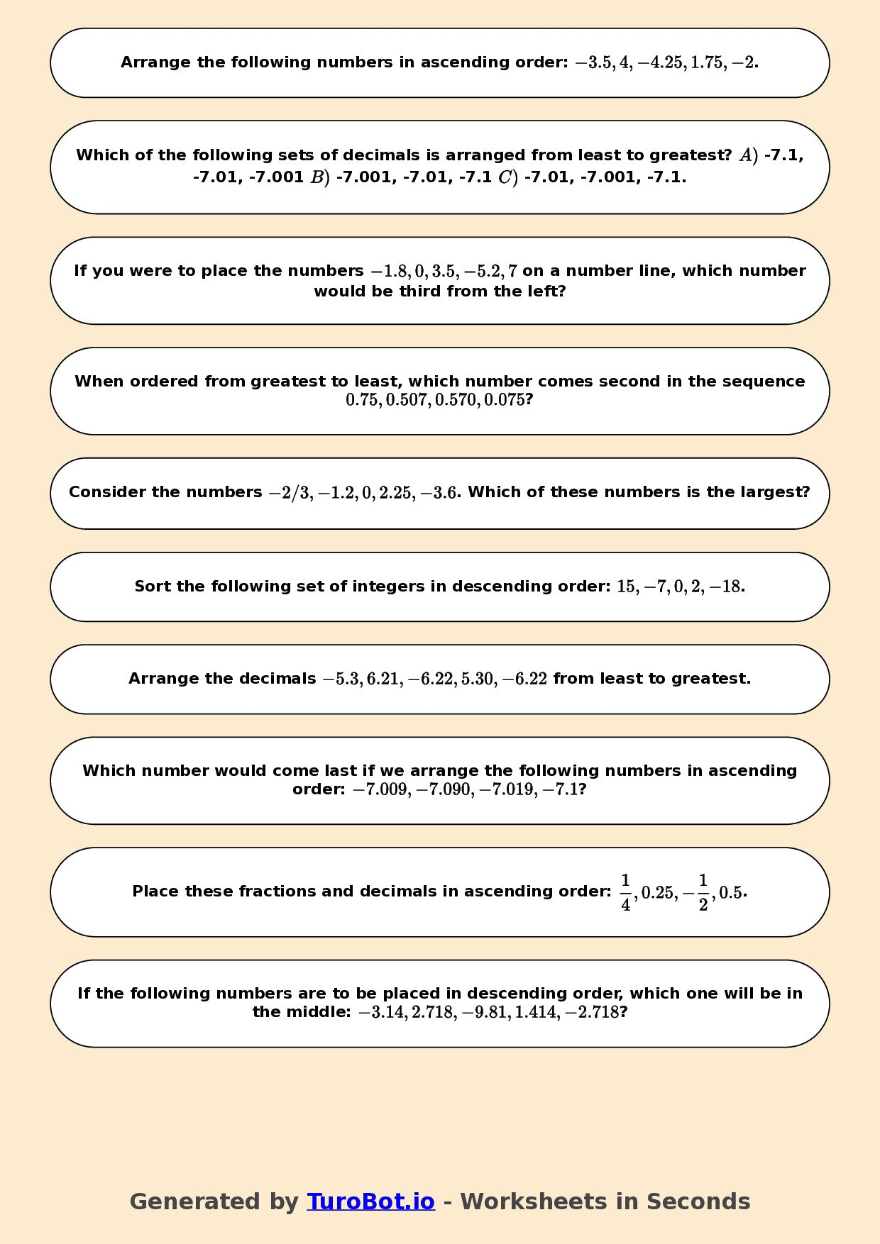 Year 7 Math Worksheet – Ordering Integers and Decimals 2