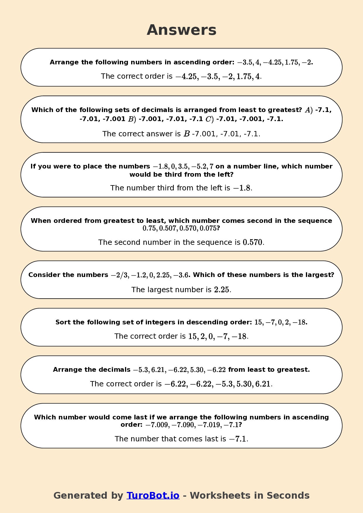 Year 7 Math Worksheet – Ordering Integers and Decimals 2