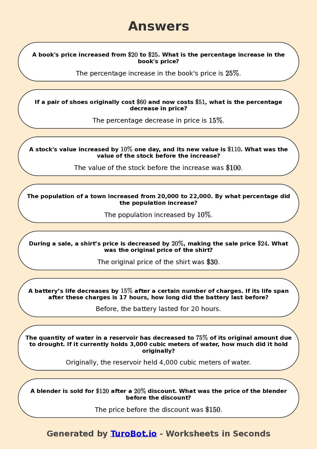 Year 7 Math Worksheet – Percent Increase and Decrease
