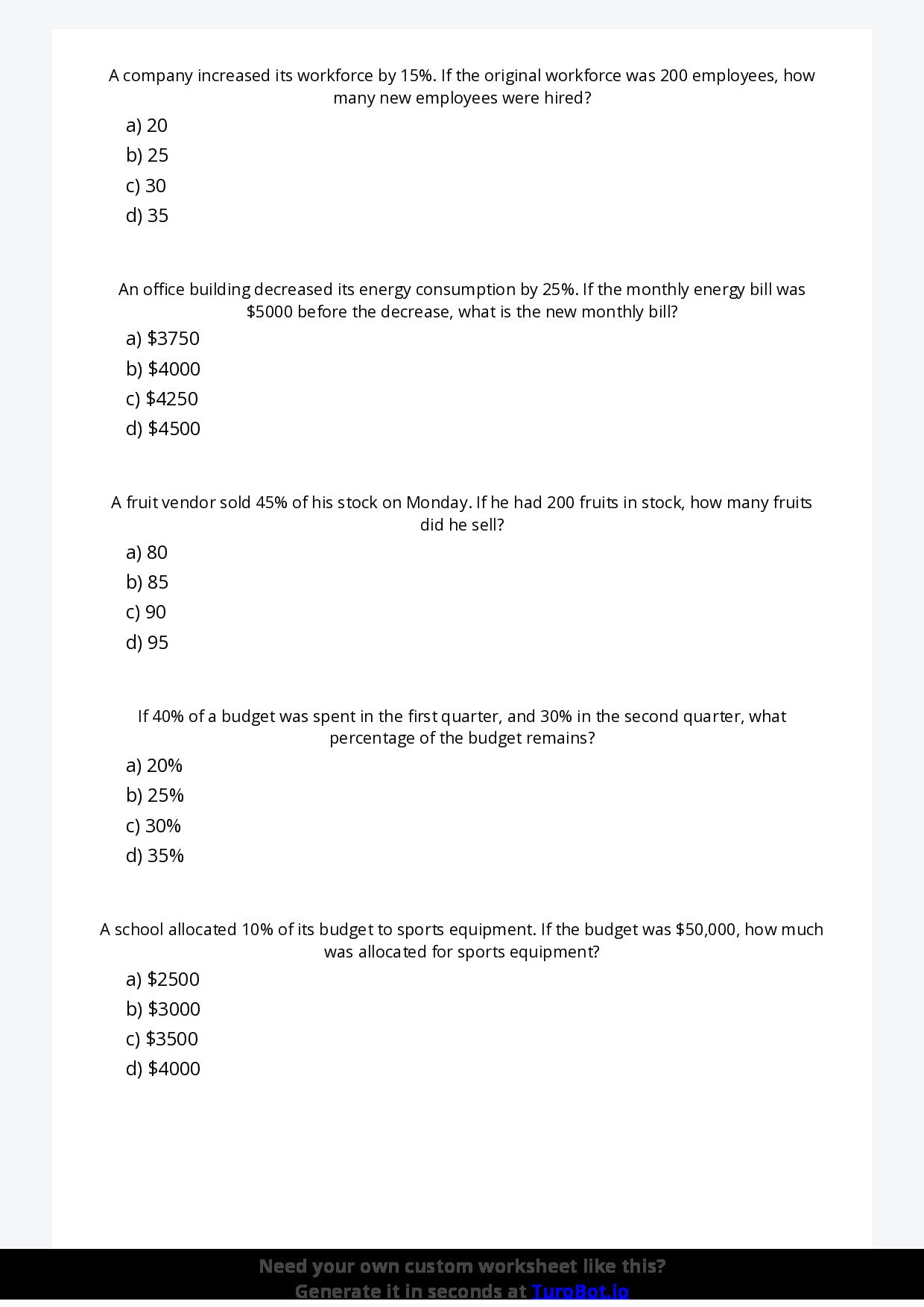 Free Worksheet - Year 7 Mathematics Percentages in Real Life Multiple Choice