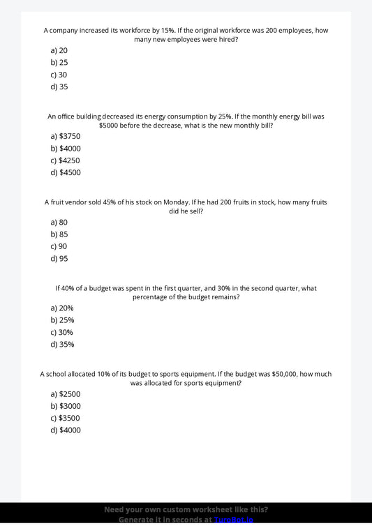 Free Worksheet - Year 7 Mathematics Percentages in Real Life Multiple Choice