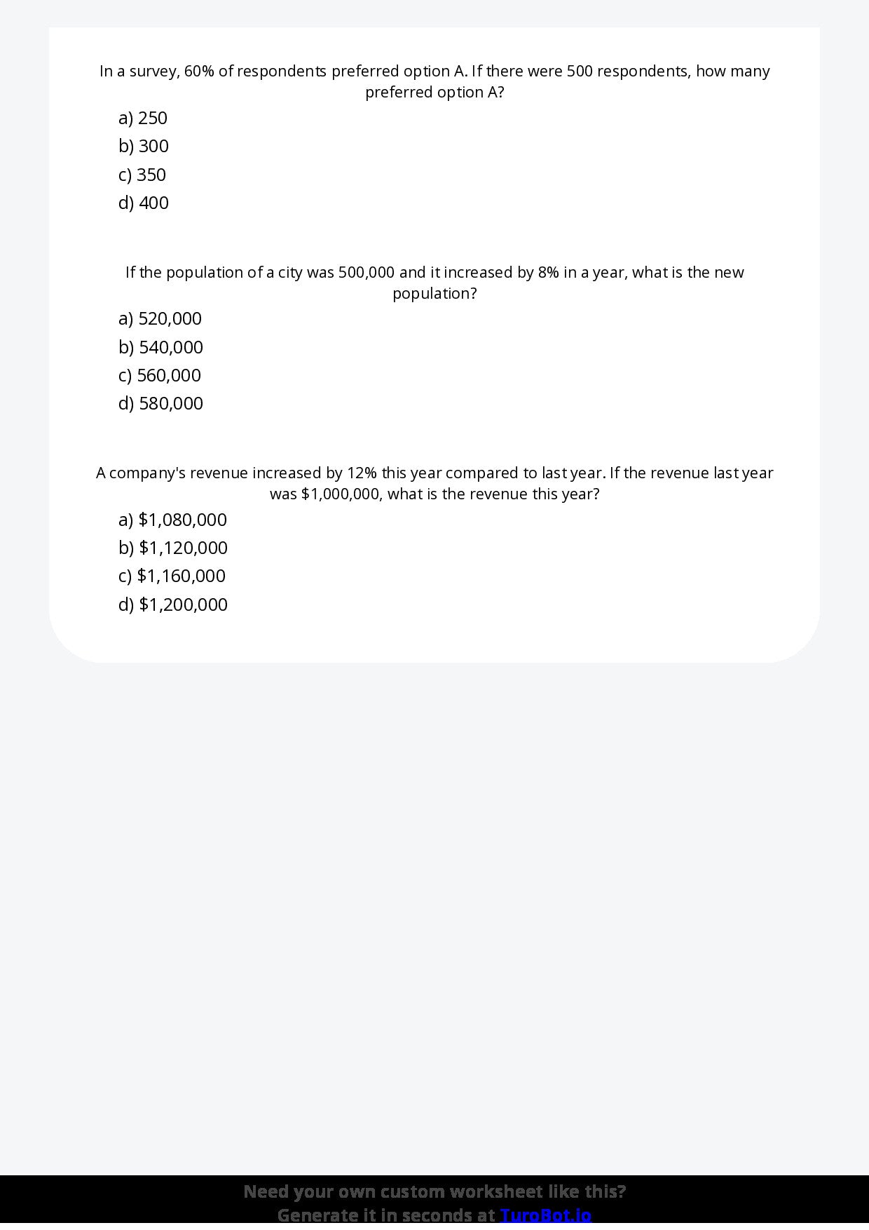 Free Worksheet - Year 7 Mathematics Percentages in Real Life Multiple Choice