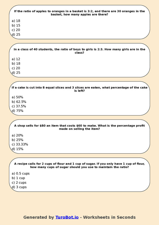 Year 7 Math Multiple Choice Worksheet – Ratios and Percentages Combined Problems