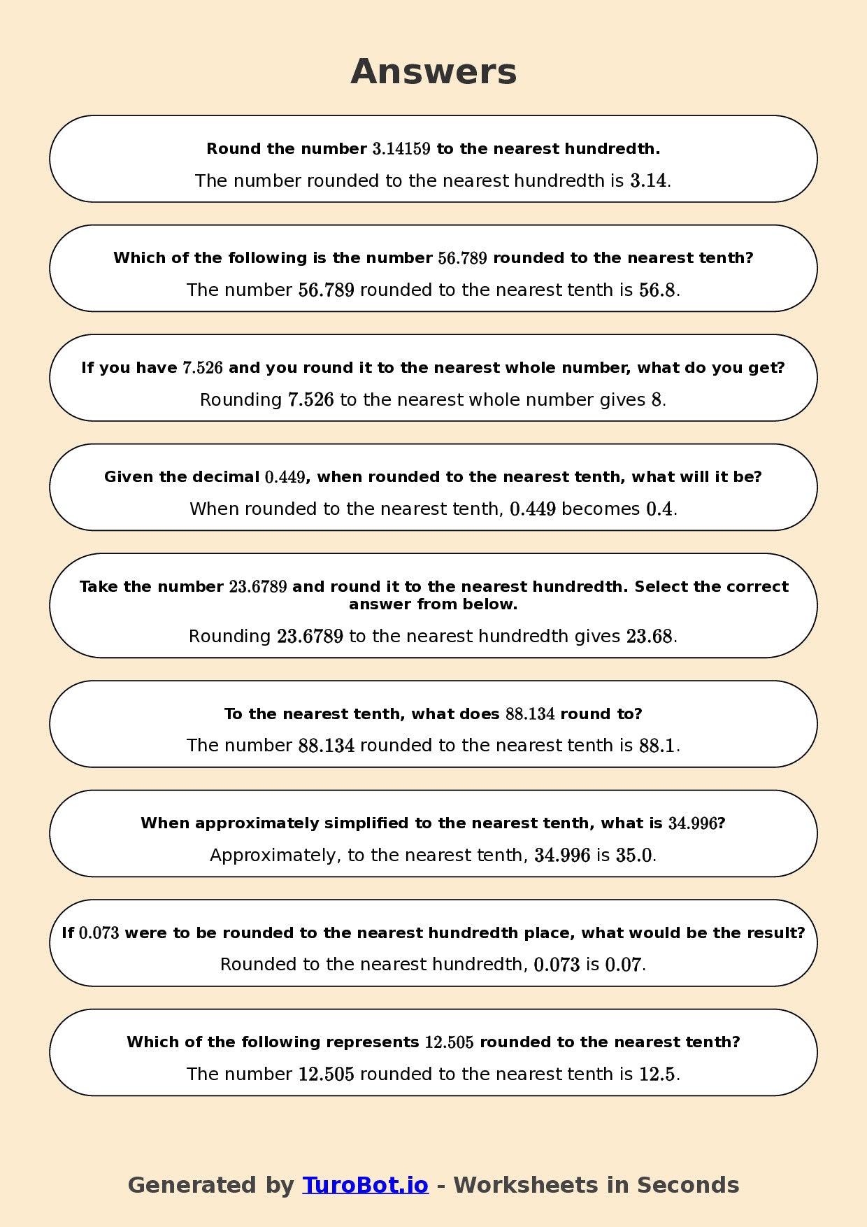 Year 7 Math Worksheet – Rounding Decimals