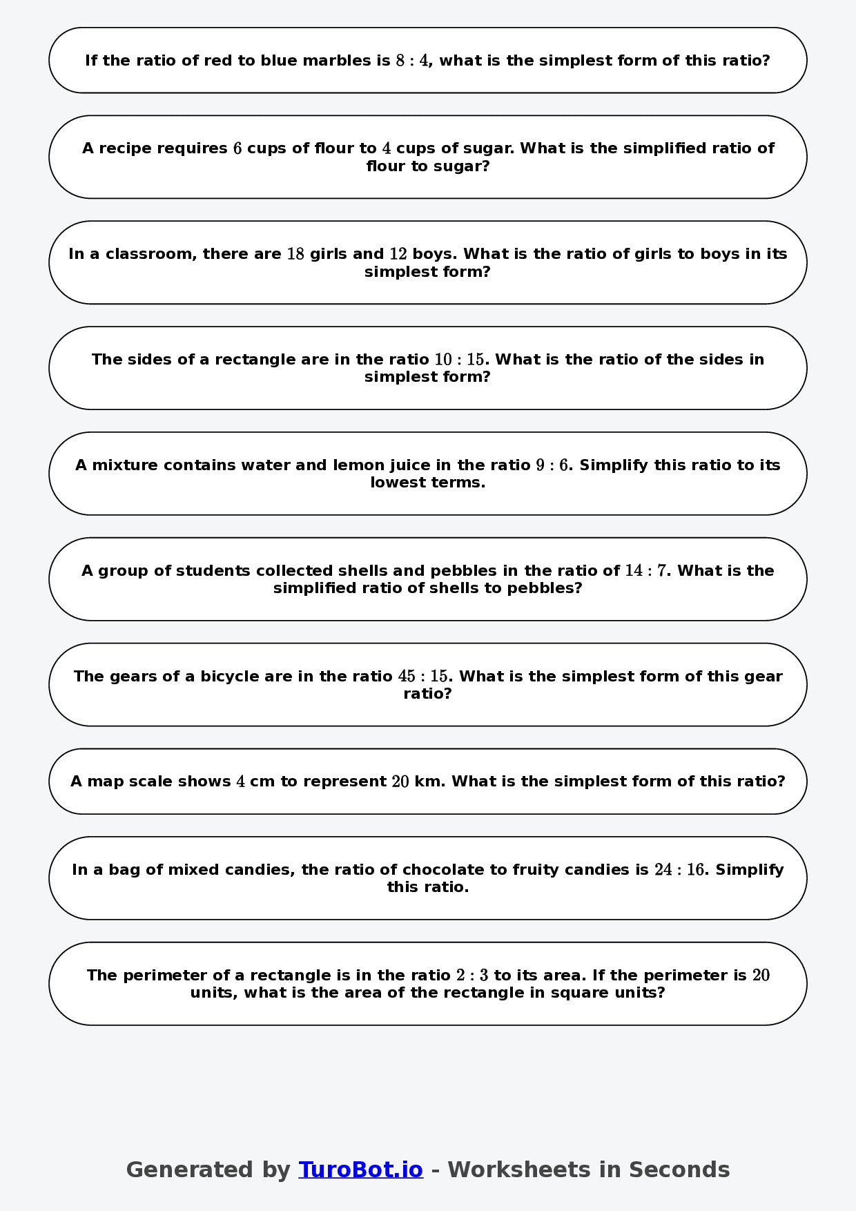 Year 7 Math Worksheet – Simplifying Ratios