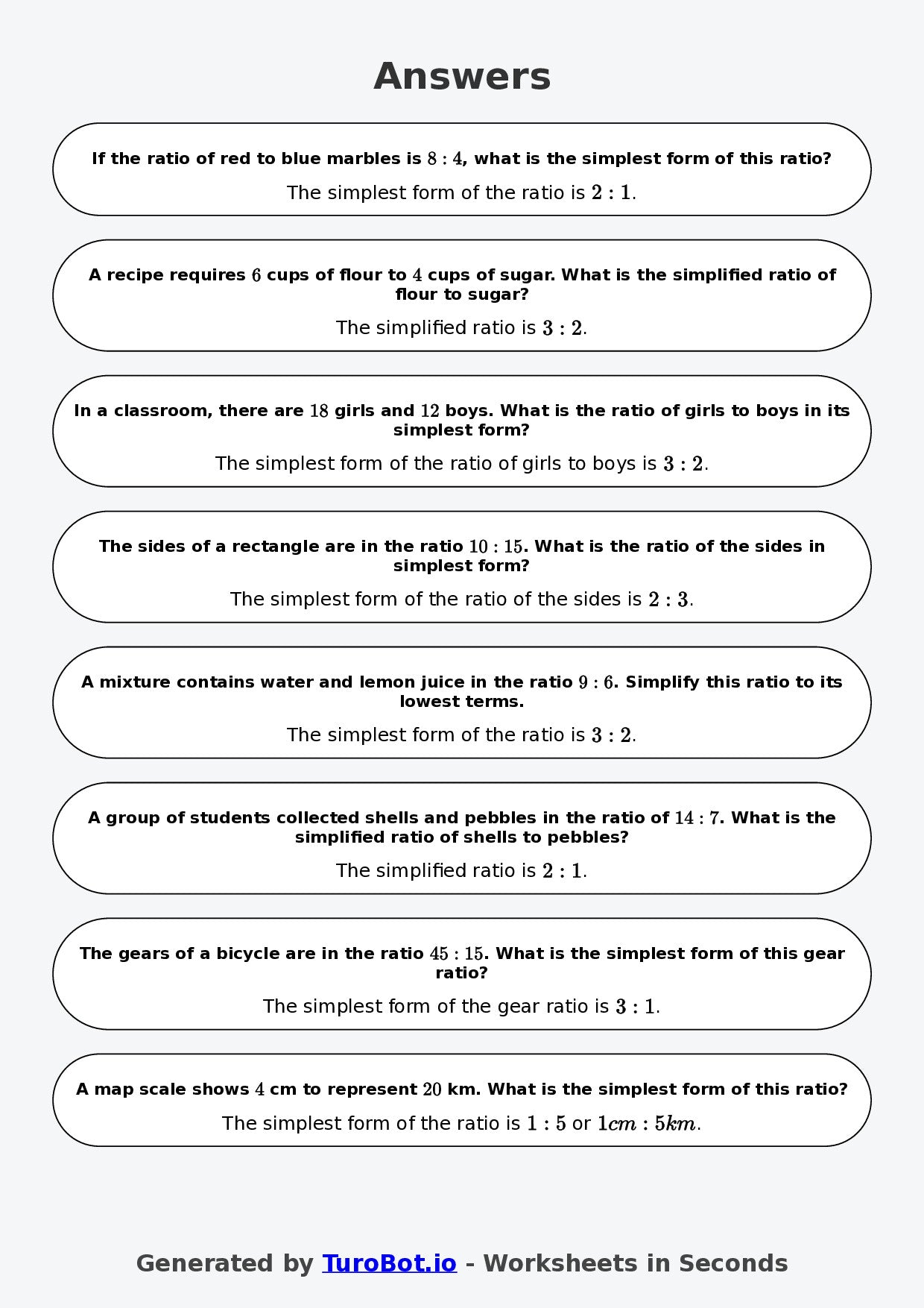 Year 7 Math Worksheet – Simplifying Ratios