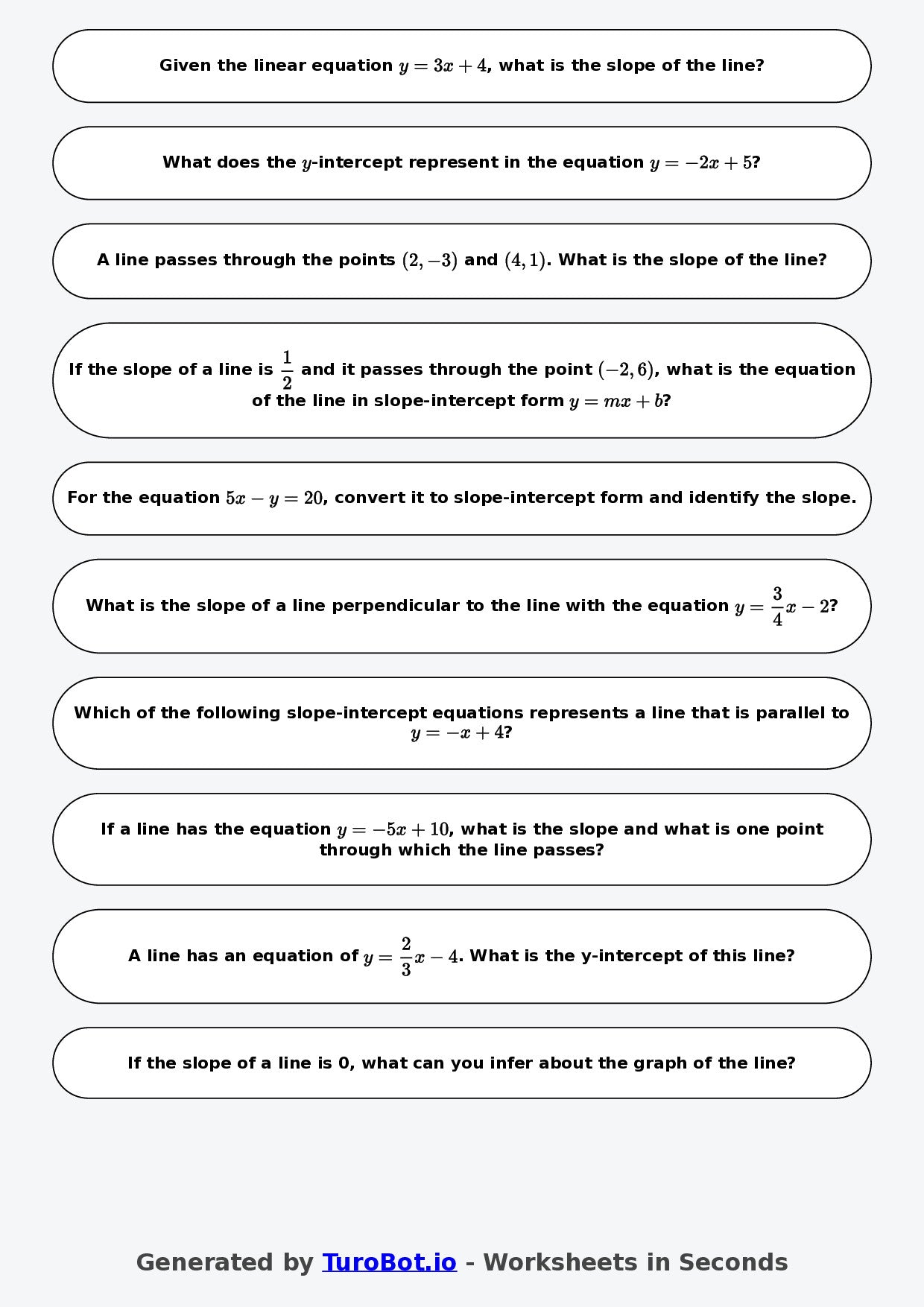 Year 7 Math Worksheet – Slope and Intercept Basics 2