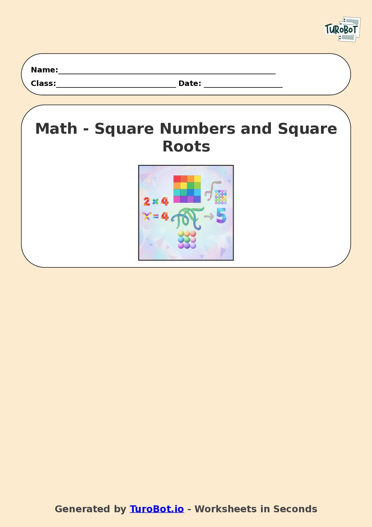 Year 7 Math Worksheet – Square Numbers and Square Roots