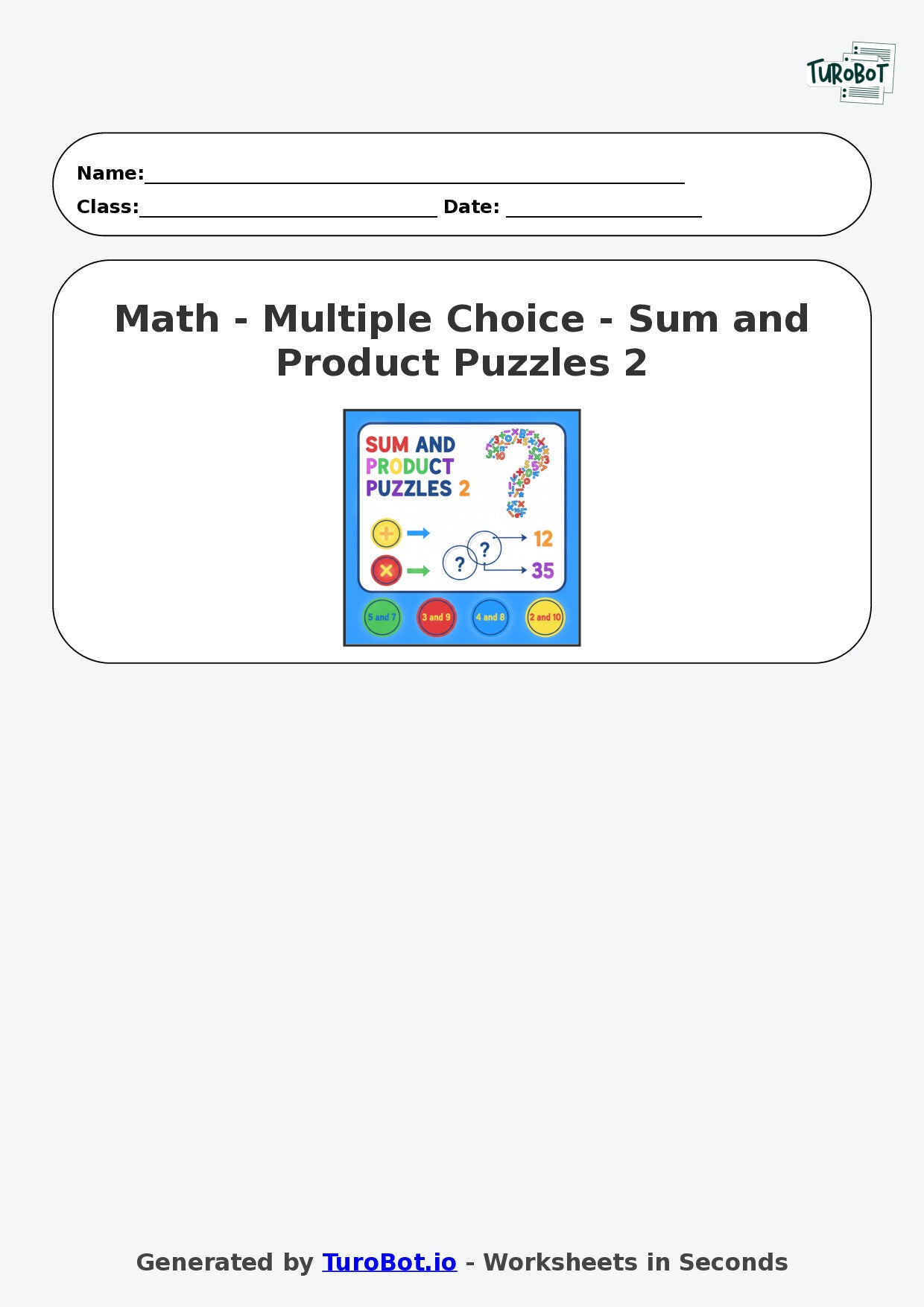 Year 7 Math Worksheet – Sum and Product Puzzles 2