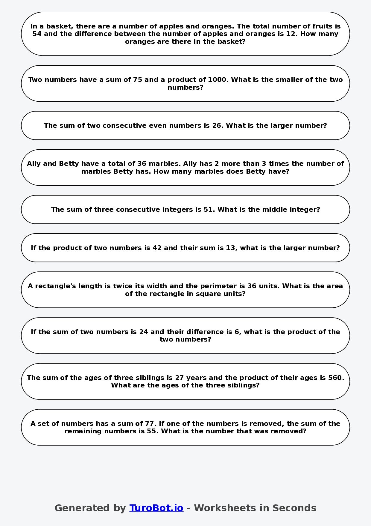 Year 7 Math Worksheet – Sum and Product Puzzles 2