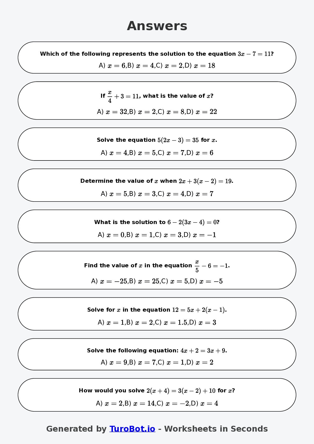 Year 7 Math Worksheet – Two-Step Equations 2