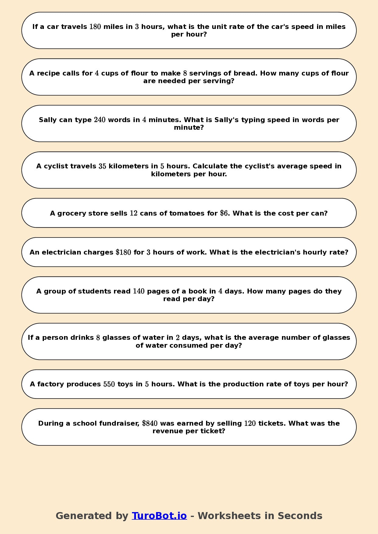 Year 7 Math Worksheet – Unit Rates Basics