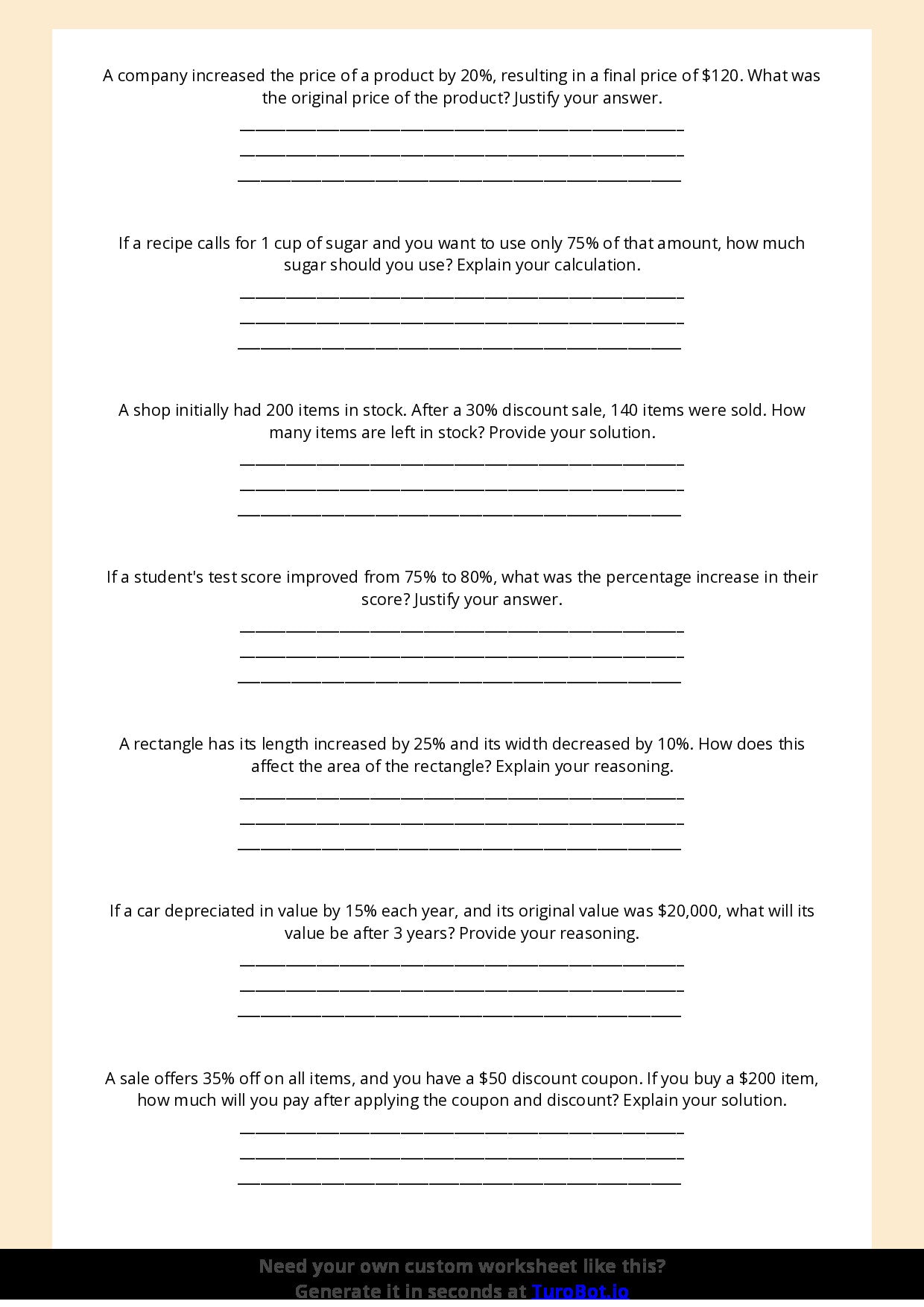 Free Worksheet - Year 7 Math Solving Percentage Problems Short Answer Response