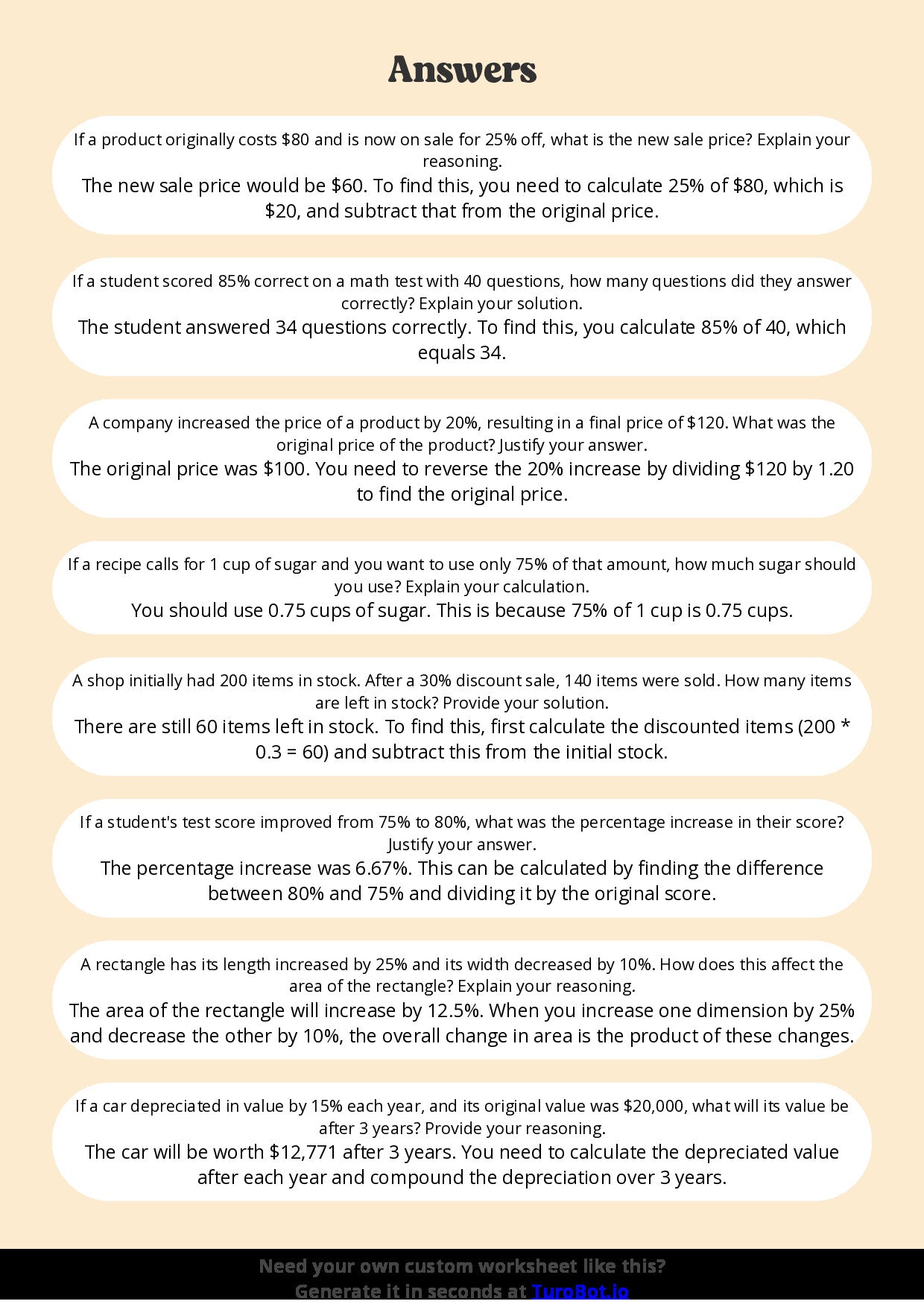 Free Worksheet - Year 7 Math Solving Percentage Problems Short Answer Response