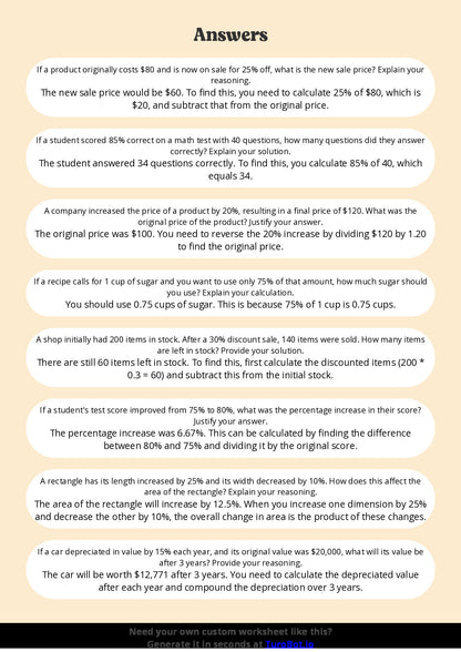 Free Worksheet - Year 7 Math Solving Percentage Problems Short Answer Response