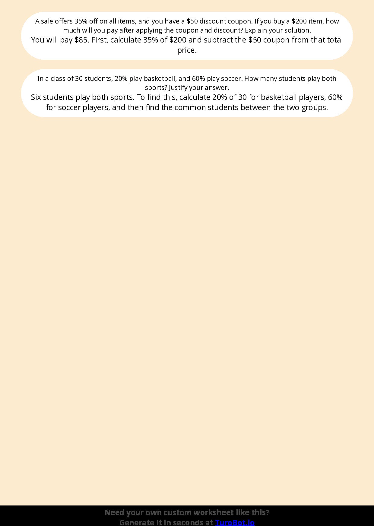 Free Worksheet - Year 7 Math Solving Percentage Problems Short Answer Response