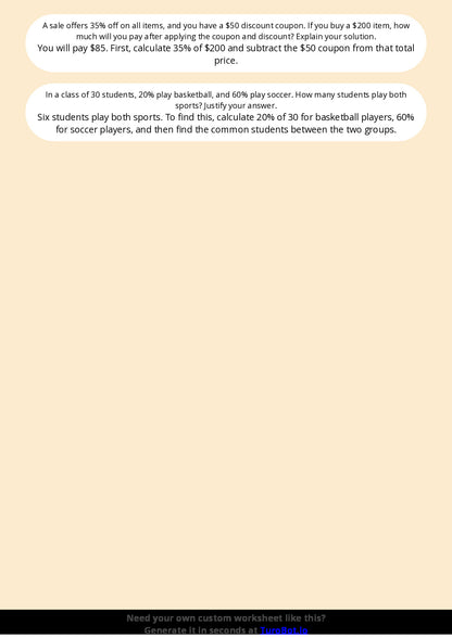Free Worksheet - Year 7 Math Solving Percentage Problems Short Answer Response