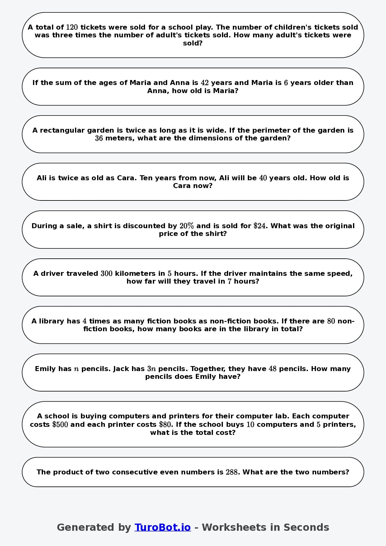 Year 8 Math Worksheet – Algebraic Word Problems 2
