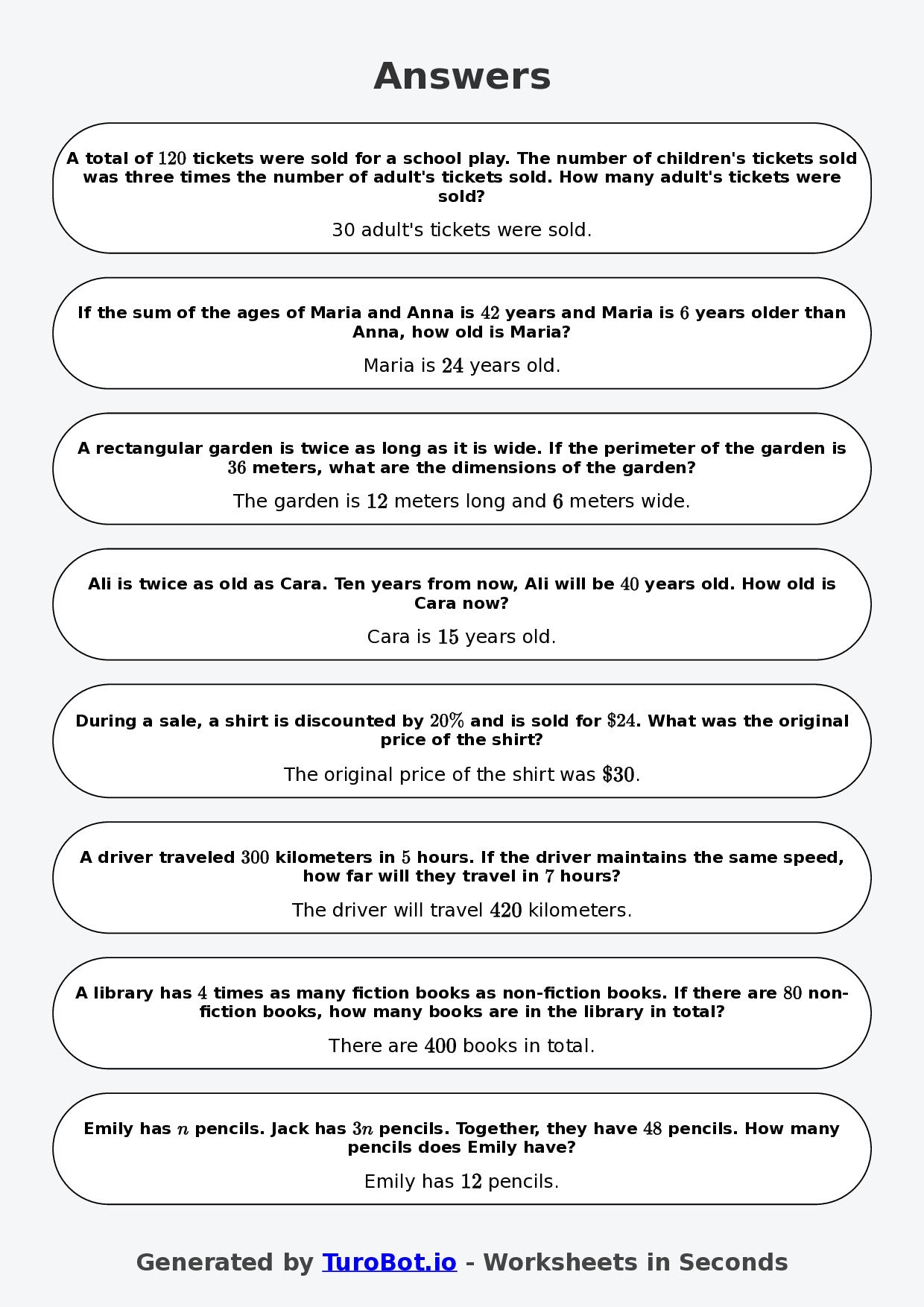 Year 8 Math Worksheet – Algebraic Word Problems 2