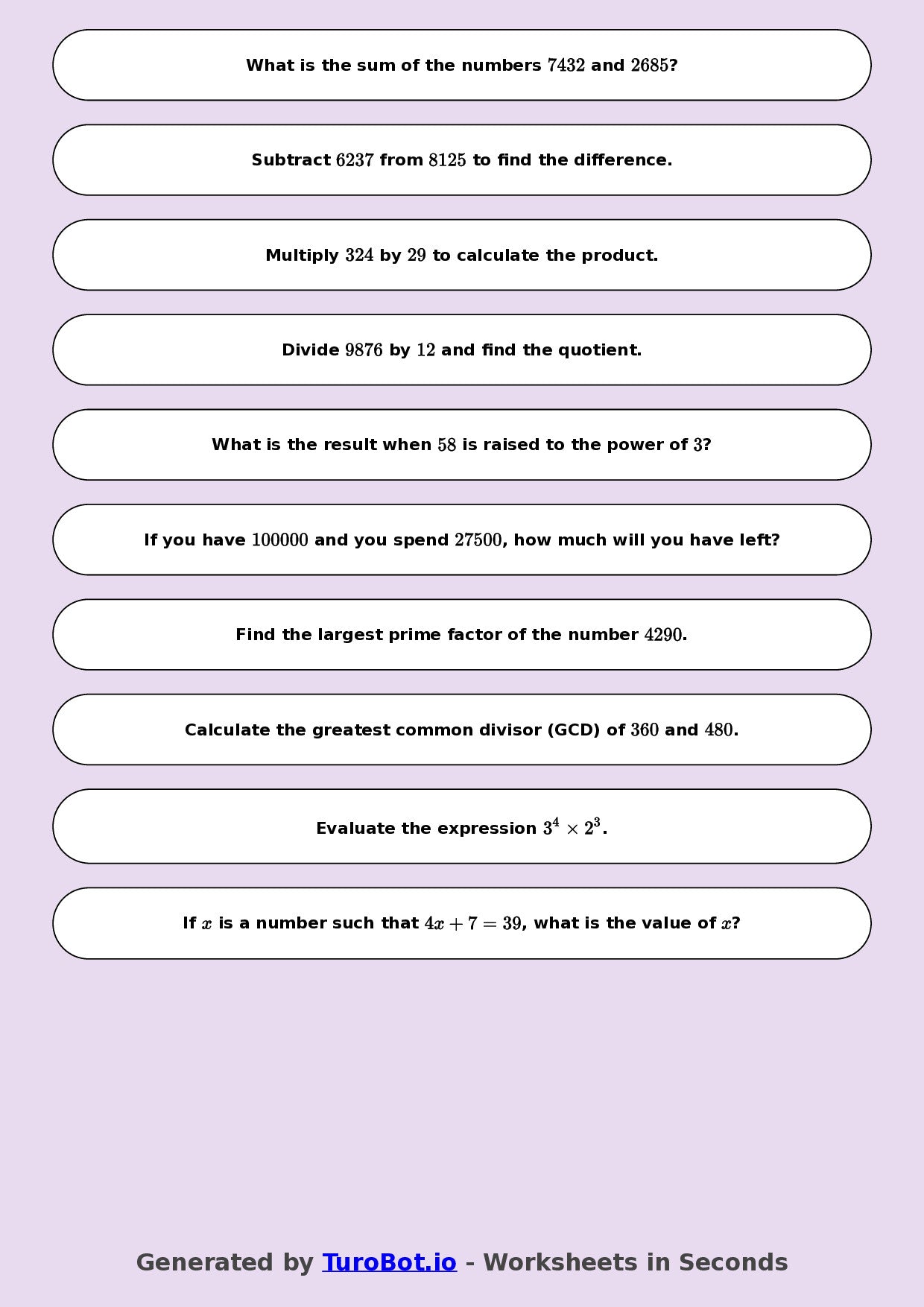 Year 8 Math Worksheet – Arithmetic with Large Numbers