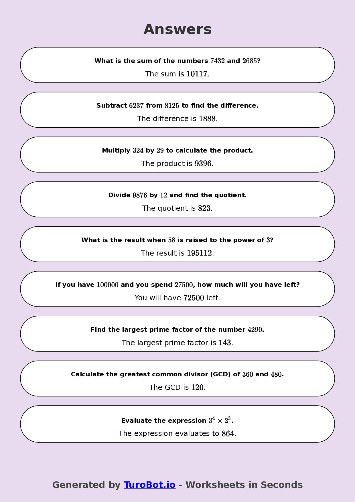 Year 8 Math Worksheet – Arithmetic with Large Numbers