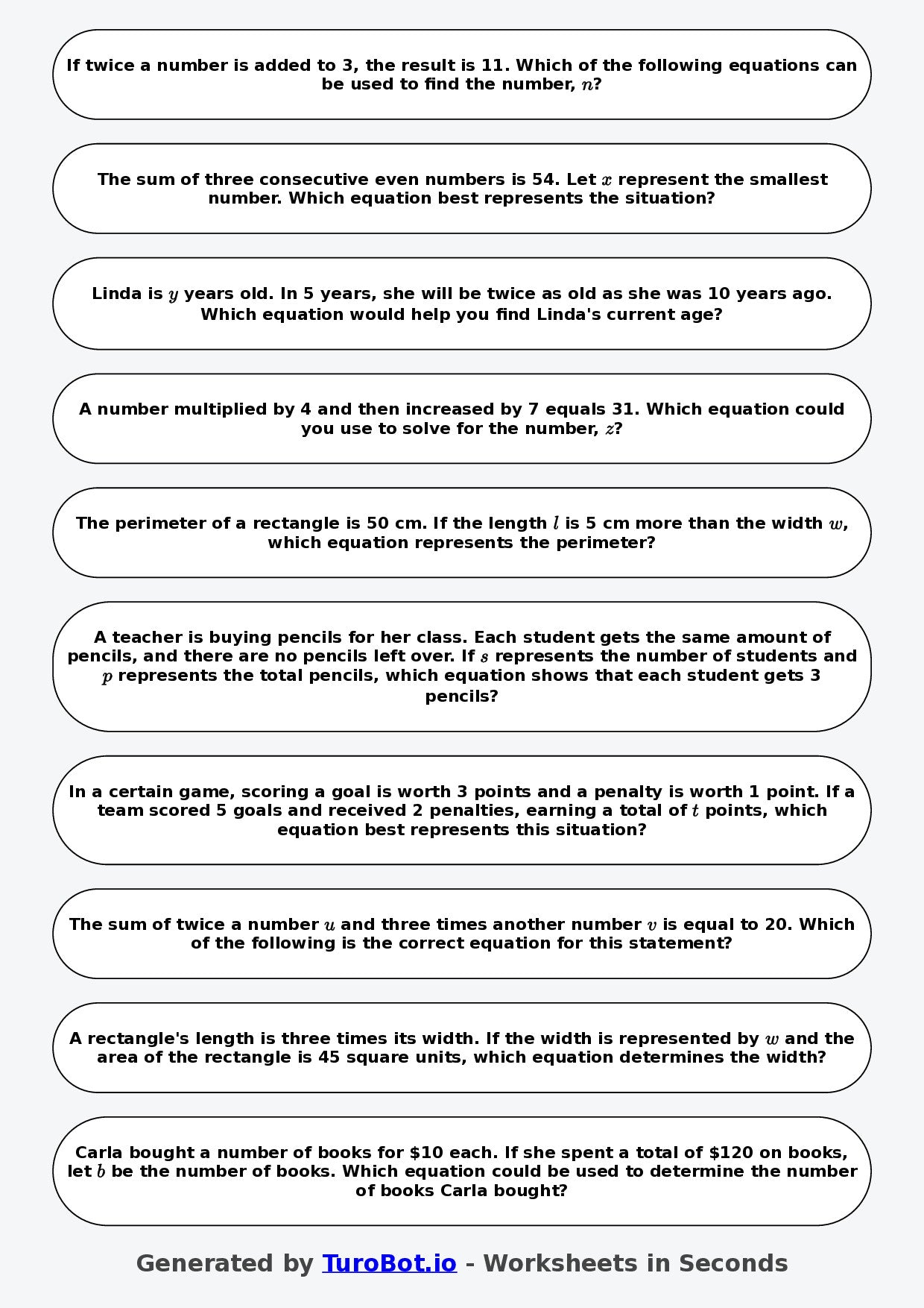 Year 8 Math Worksheet – Balancing Equations