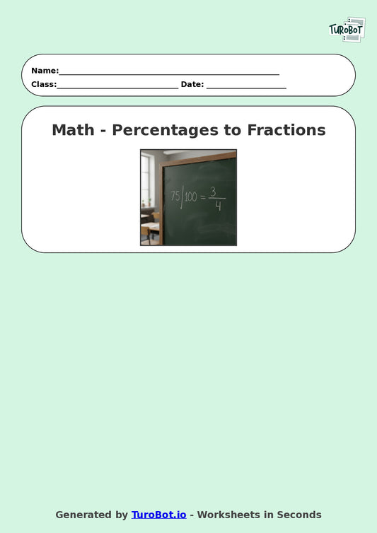 Year 8 Math Worksheet – Convert Percentages to Fractions