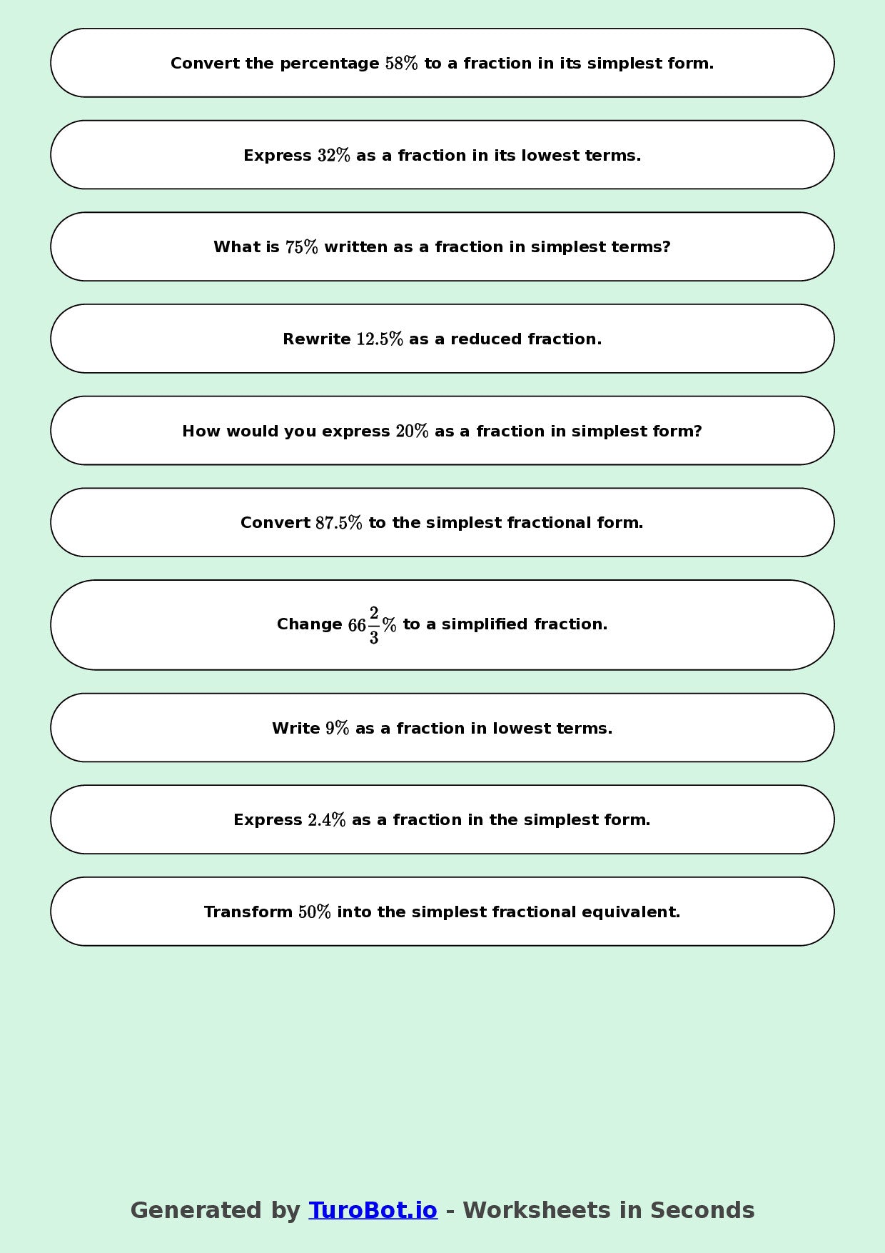 Year 8 Math Worksheet – Convert Percentages to Fractions