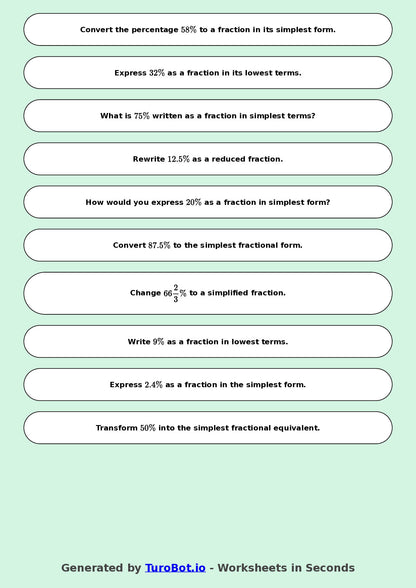 Year 8 Math Worksheet – Convert Percentages to Fractions